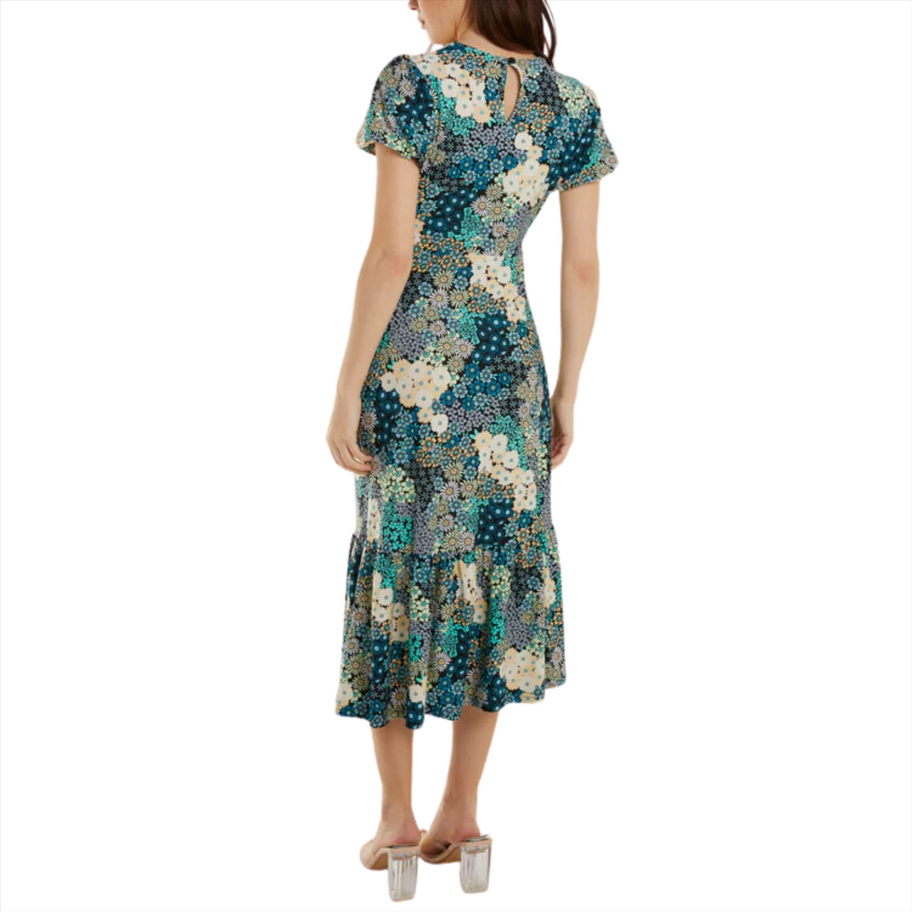 Multi Floral Knot Front Stretch Midi Dress