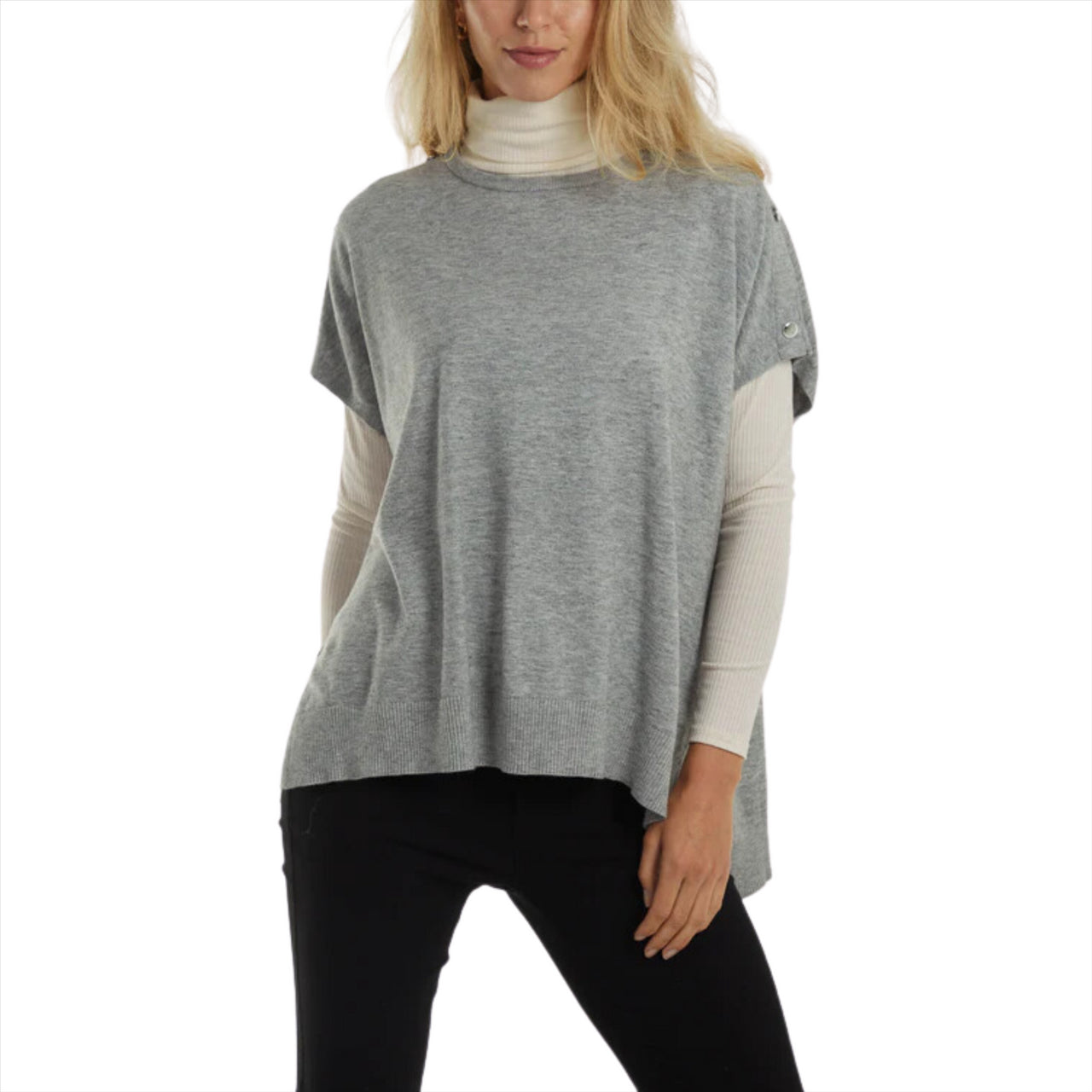 Short Sleeve Button Detail Poncho Top | Grey