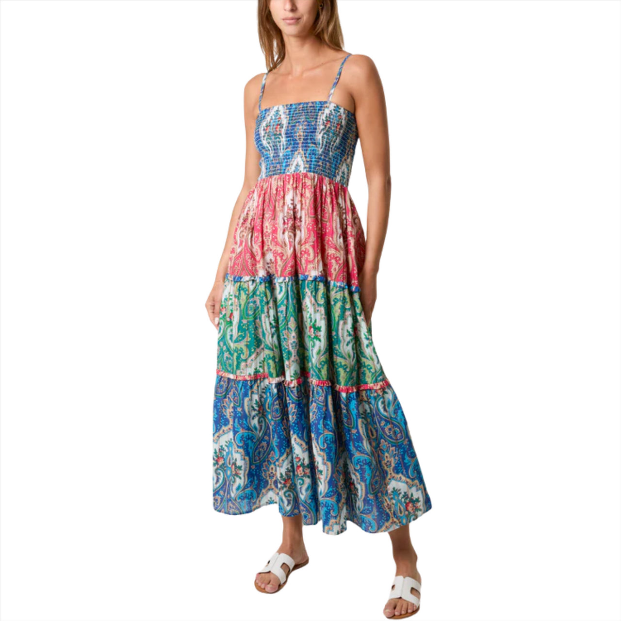 Paisley Print Shirred Waist Strappy Midi Dress | Multi