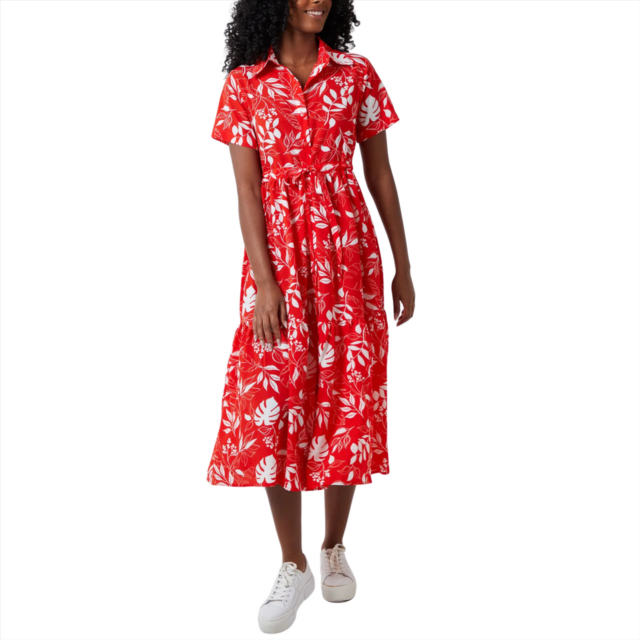 Leaf Print Midi Shirt Dress | Red