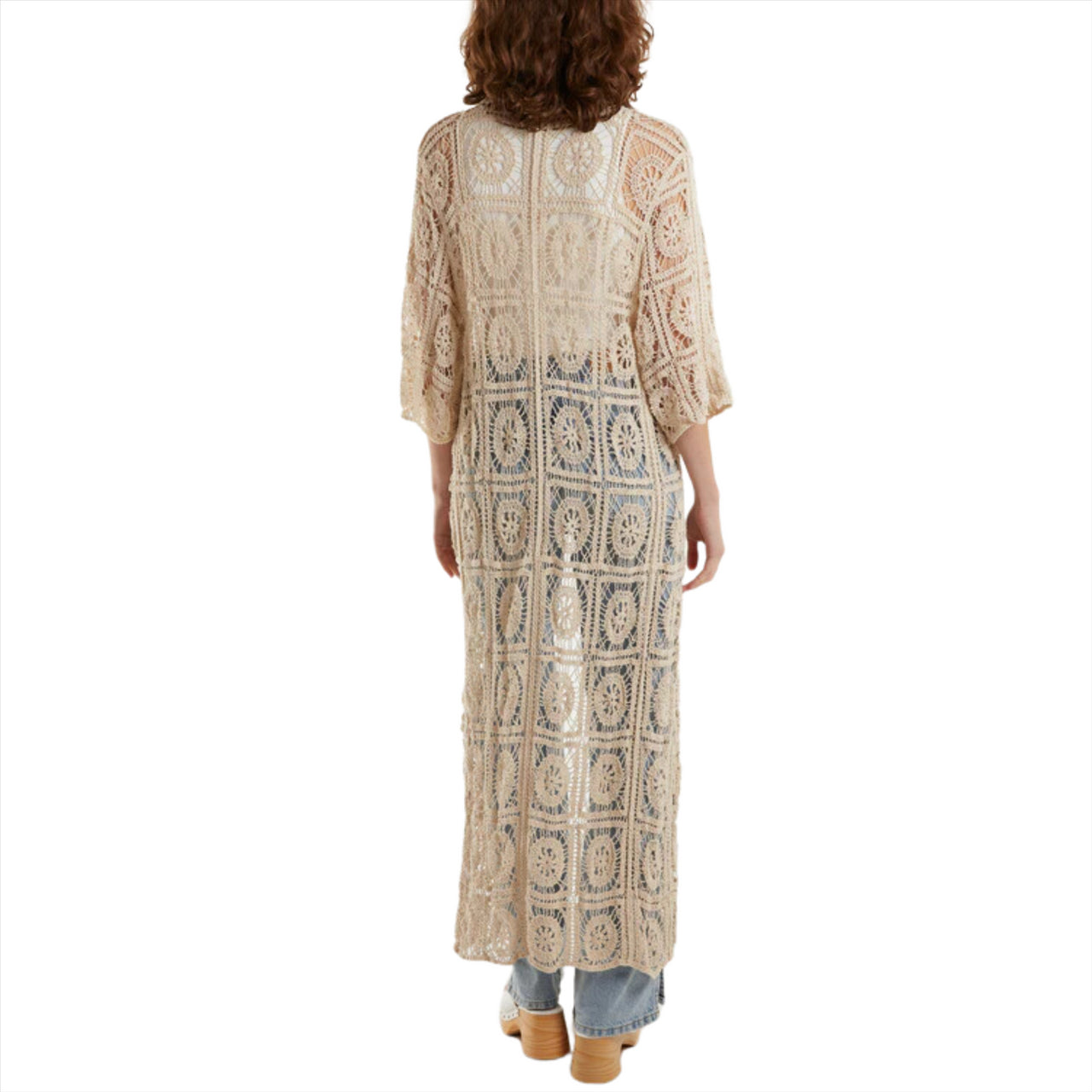 Crochet Geometric Longline Kimono Cardigan | Beige