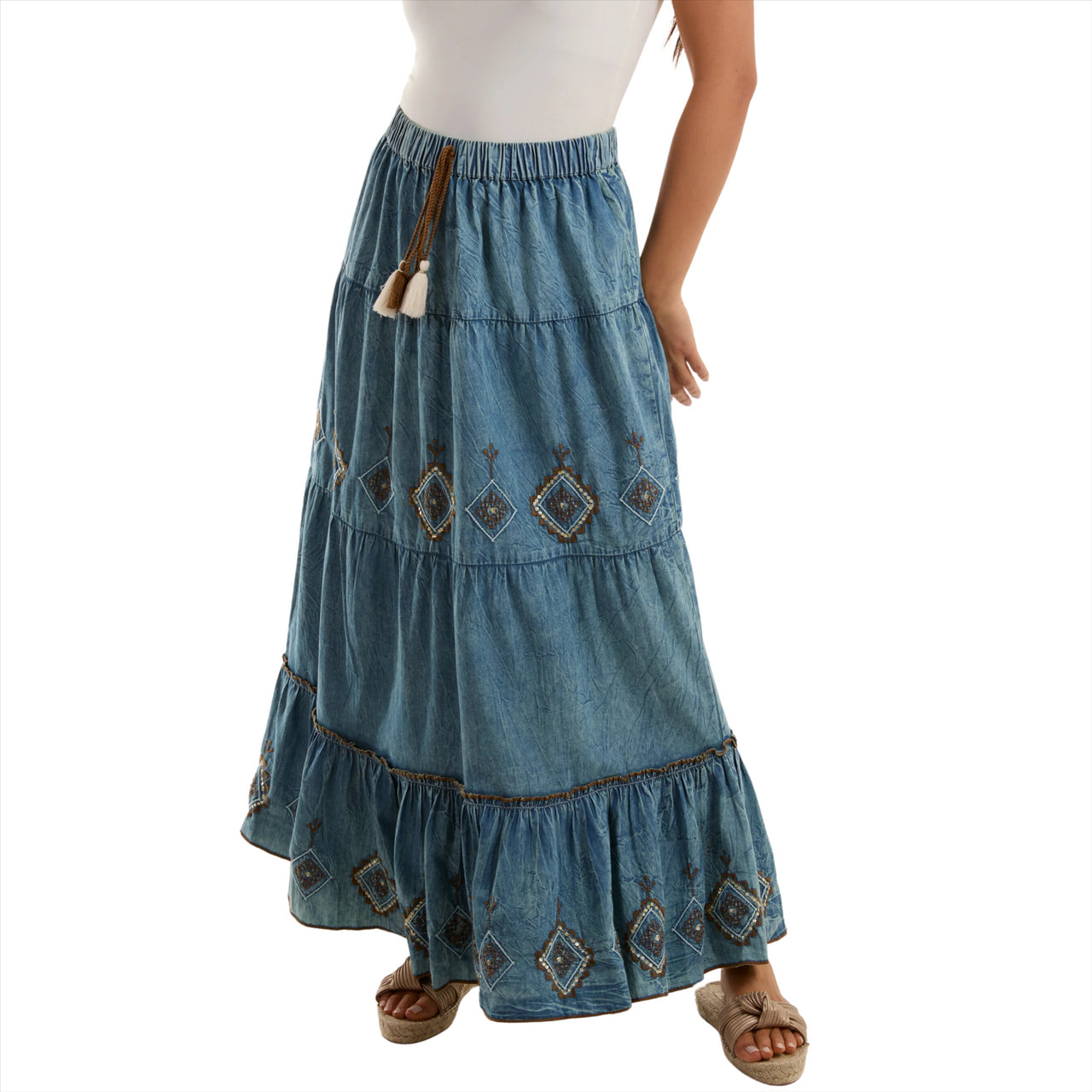 Denim Embroidered Tiered Maxi Skirt