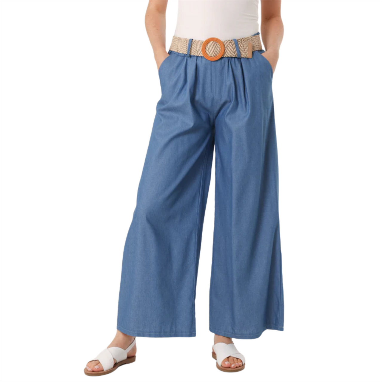 Belted Wide Leg Tencel Trousers | Mid Denim | One Size