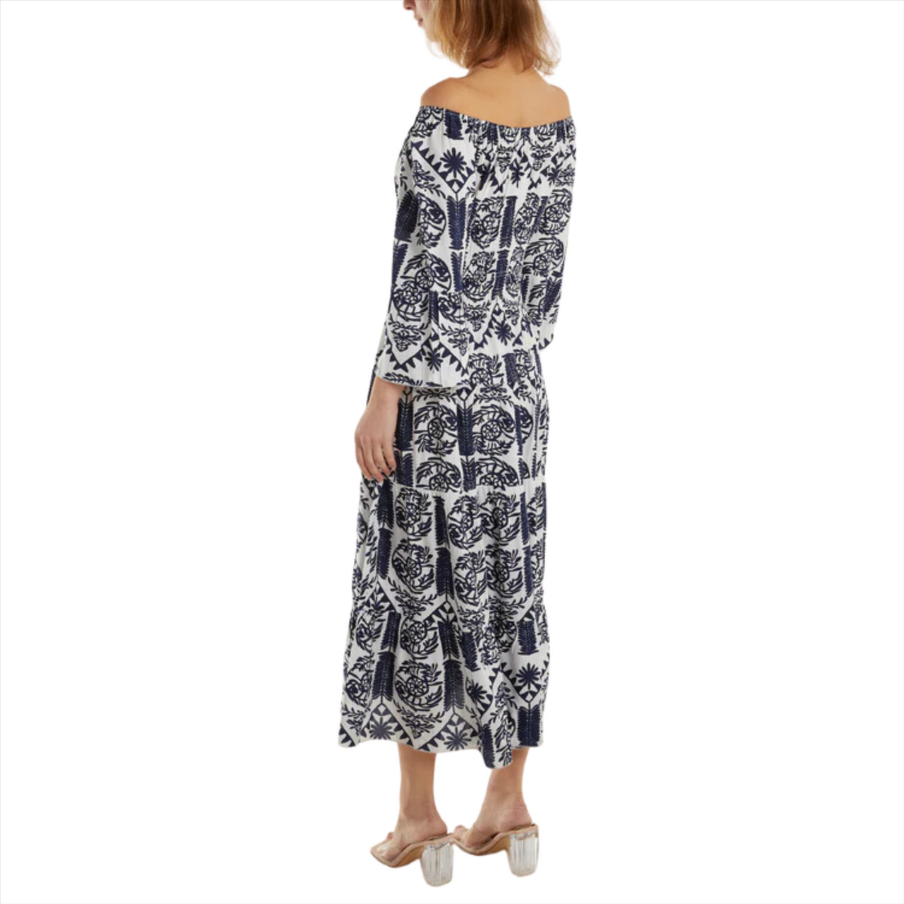 Coconut Button Aztec Print Bardot Maxi Dress
