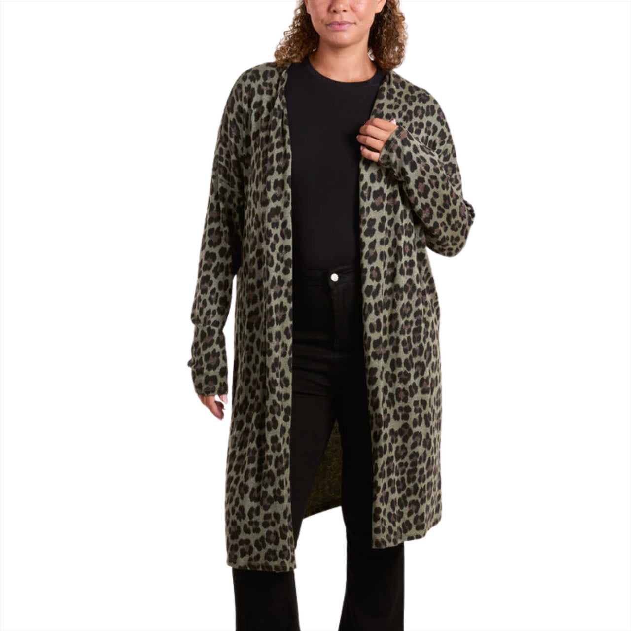 Giulia Leopard Print Longline Cardigan | Khaki | One Size