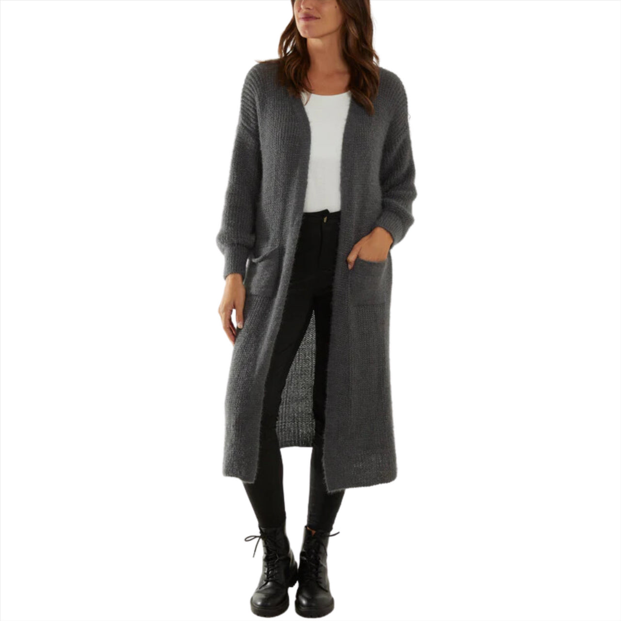 Soft Touch Balloon Sleeve Longline Cardigan | Charcoal | One Size