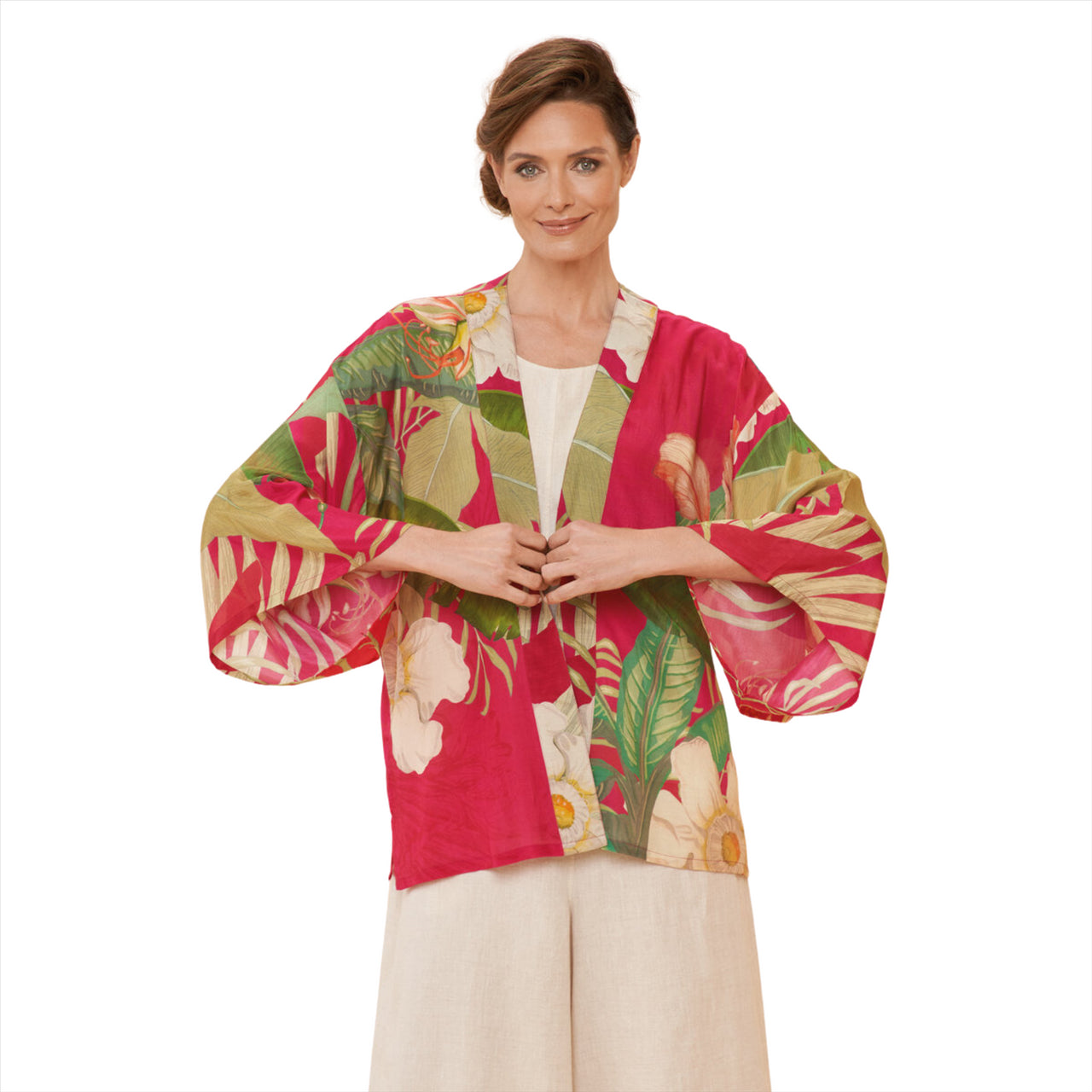Powder Delicate Tropical Kimono Jacket | Dark Rose