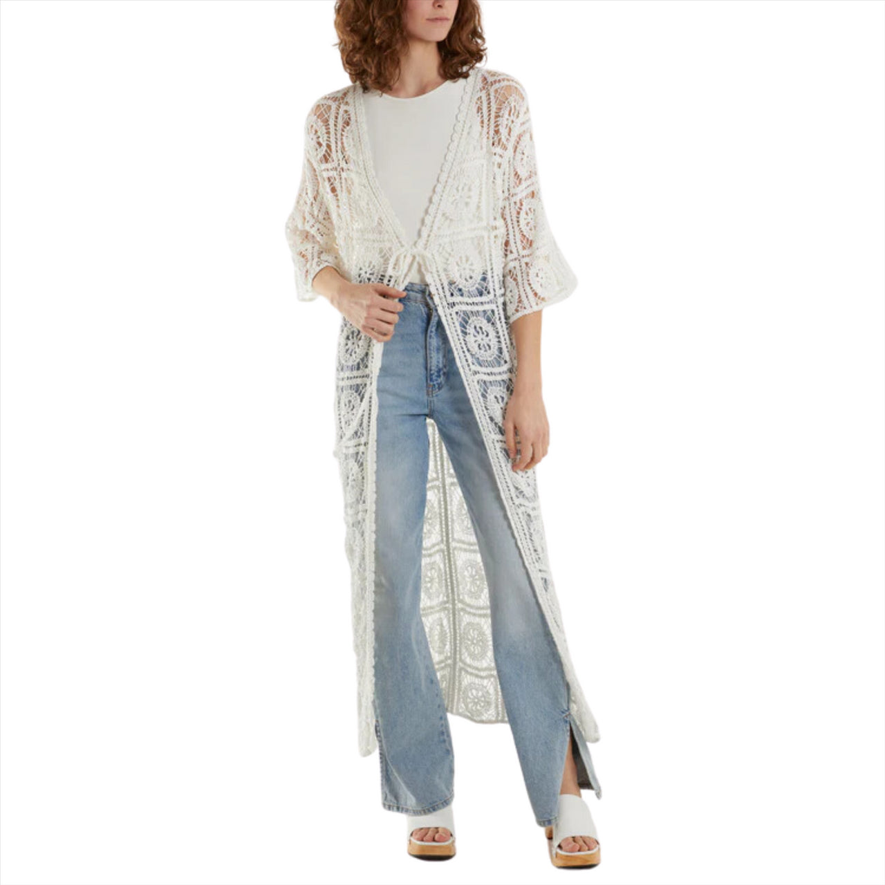 Crochet Geometric Longline Kimono Cardigan | White