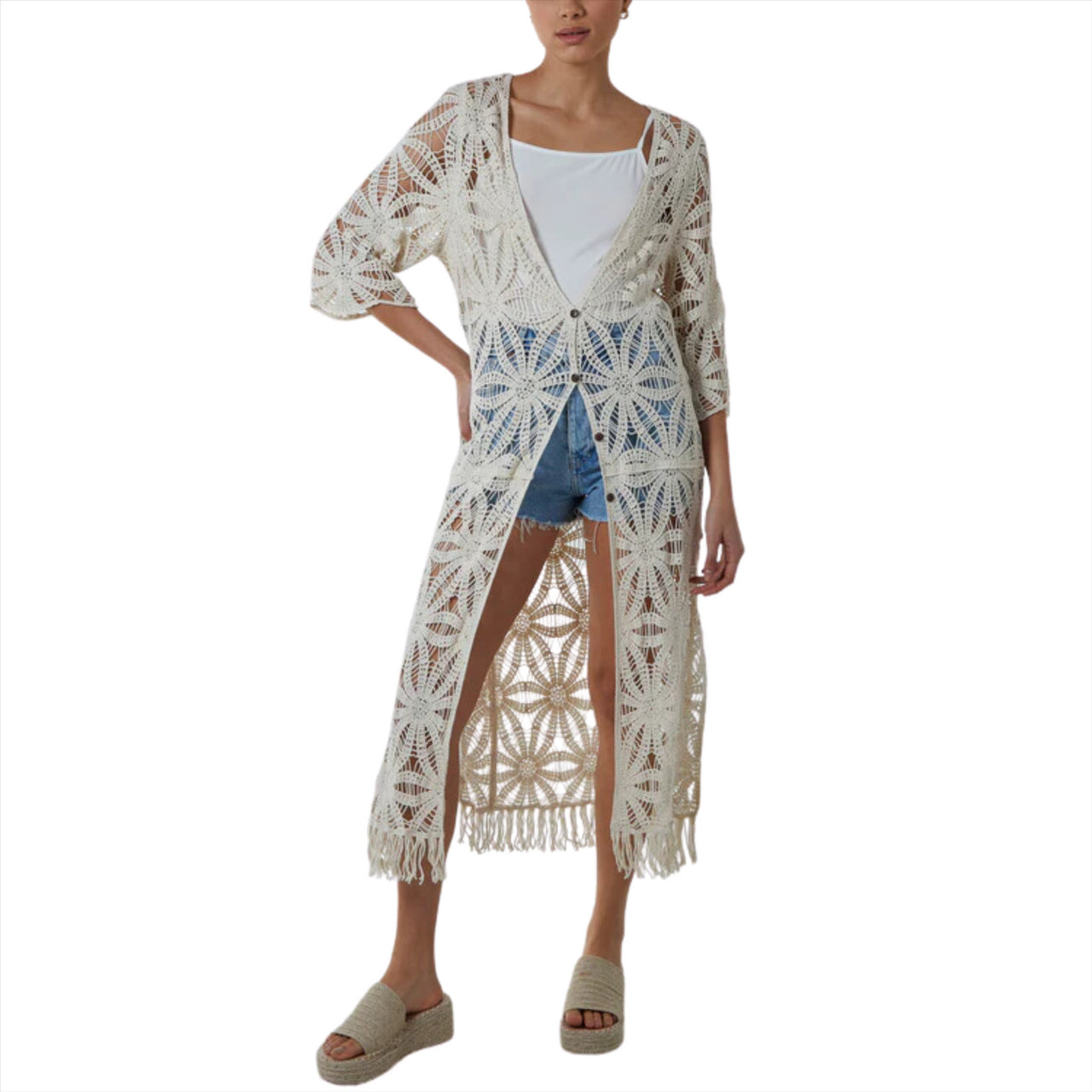 Crochet Button Up Floral Longline Kimono Cardigan | Ivory