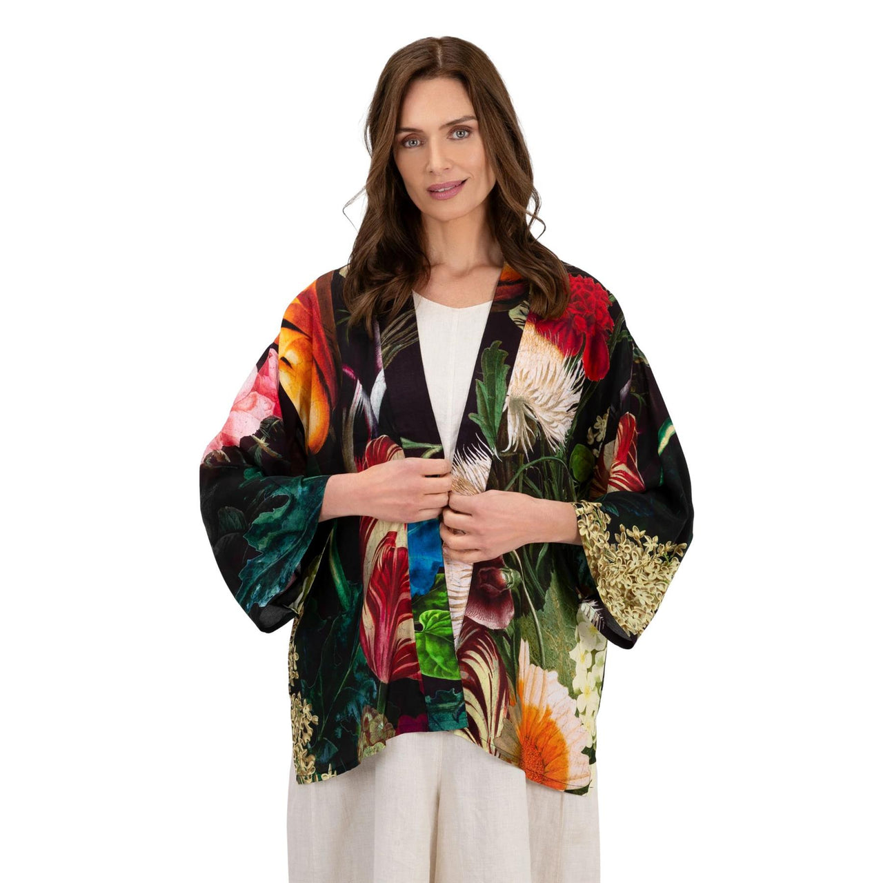 Powder Opulent Florals Mid-Length Kimono | Chocolate