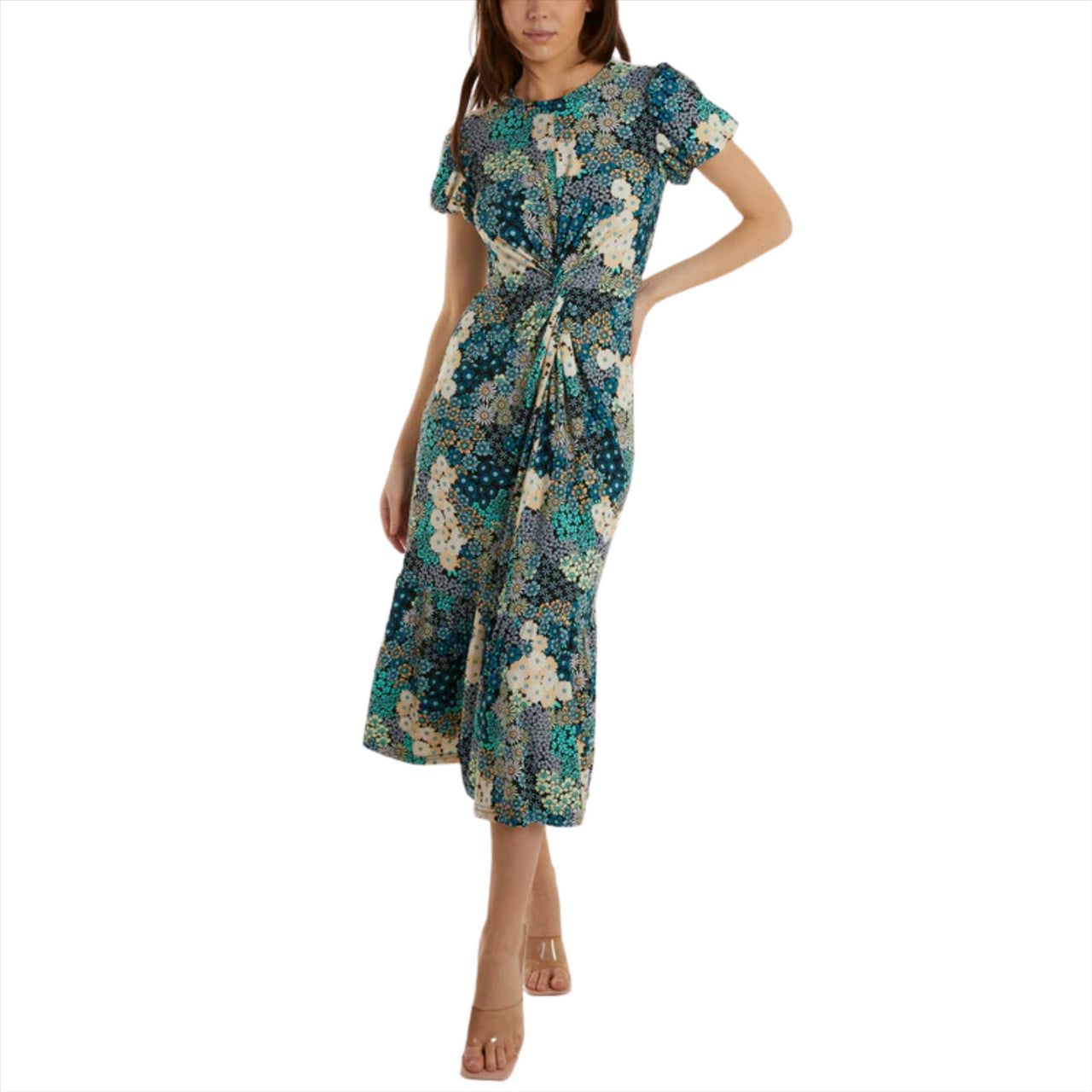 Multi Floral Knot Front Stretch Midi Dress