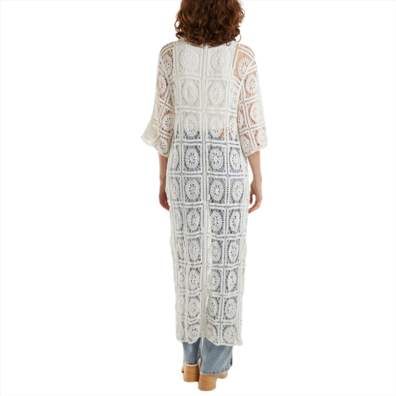 Crochet Geometric Longline Kimono Cardigan | White