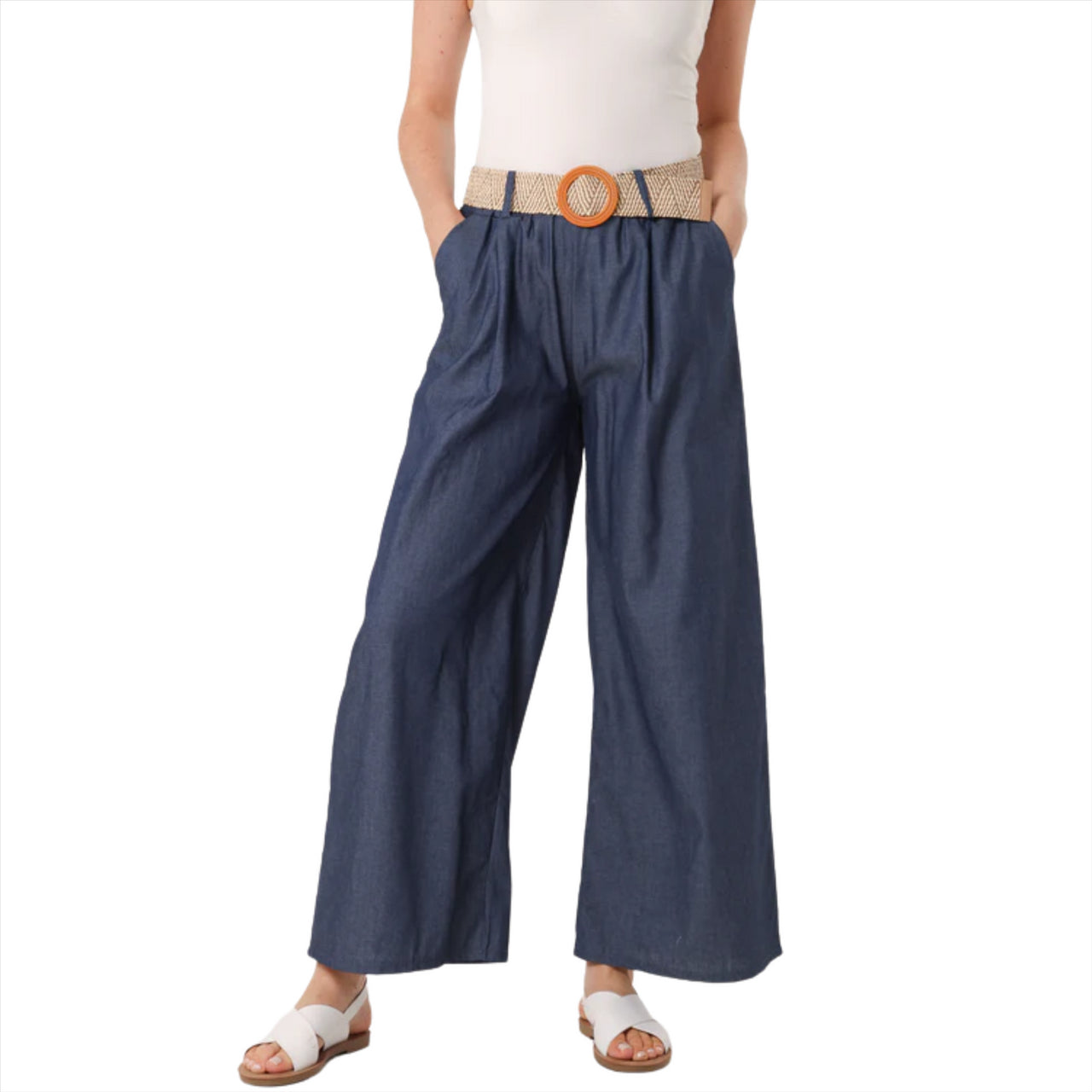 Belted Wide Leg Tencel Trousers | Dark Denim | One Size