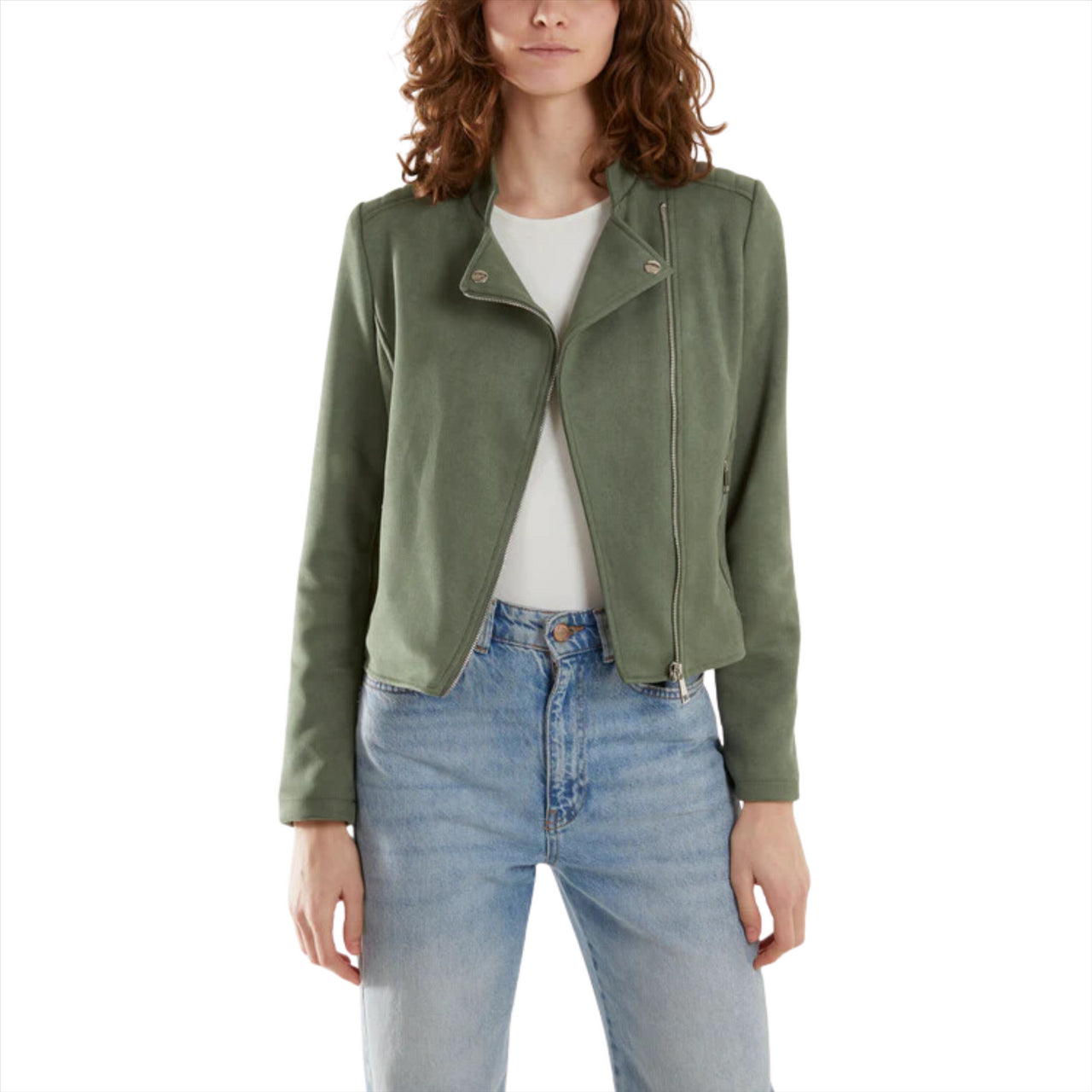 Faux Suede Zip Biker Jacket | Khaki