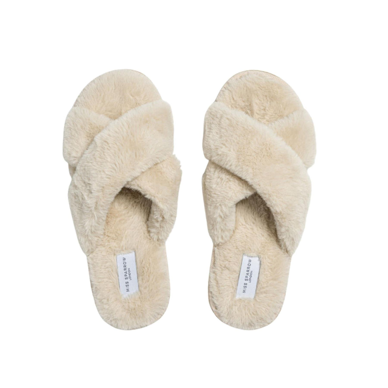 Miss Sparrow Faux Fur Cross Over Slippers | Cream