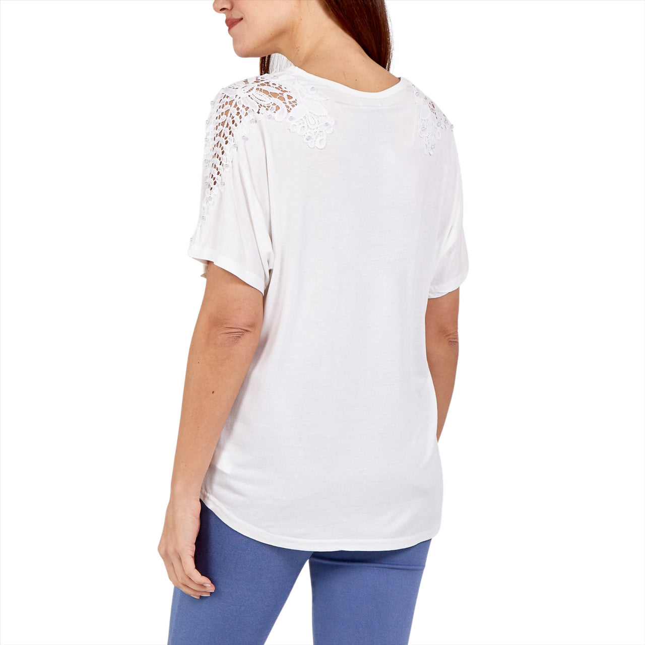 Zoe Lace and Stud Short Sleeve Top | Ivory