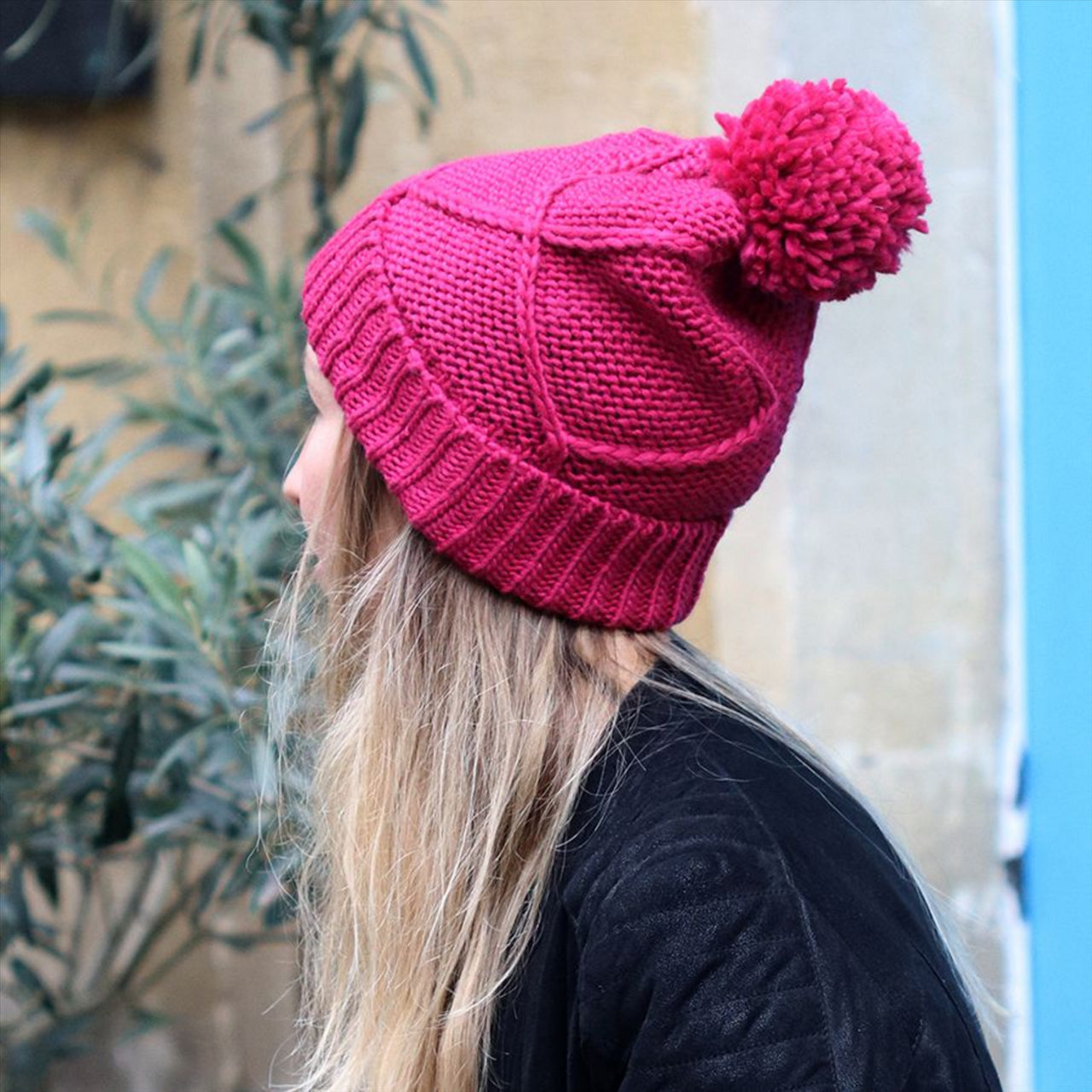 POM Trellis Knit Bobble Hat | Deep Pink
