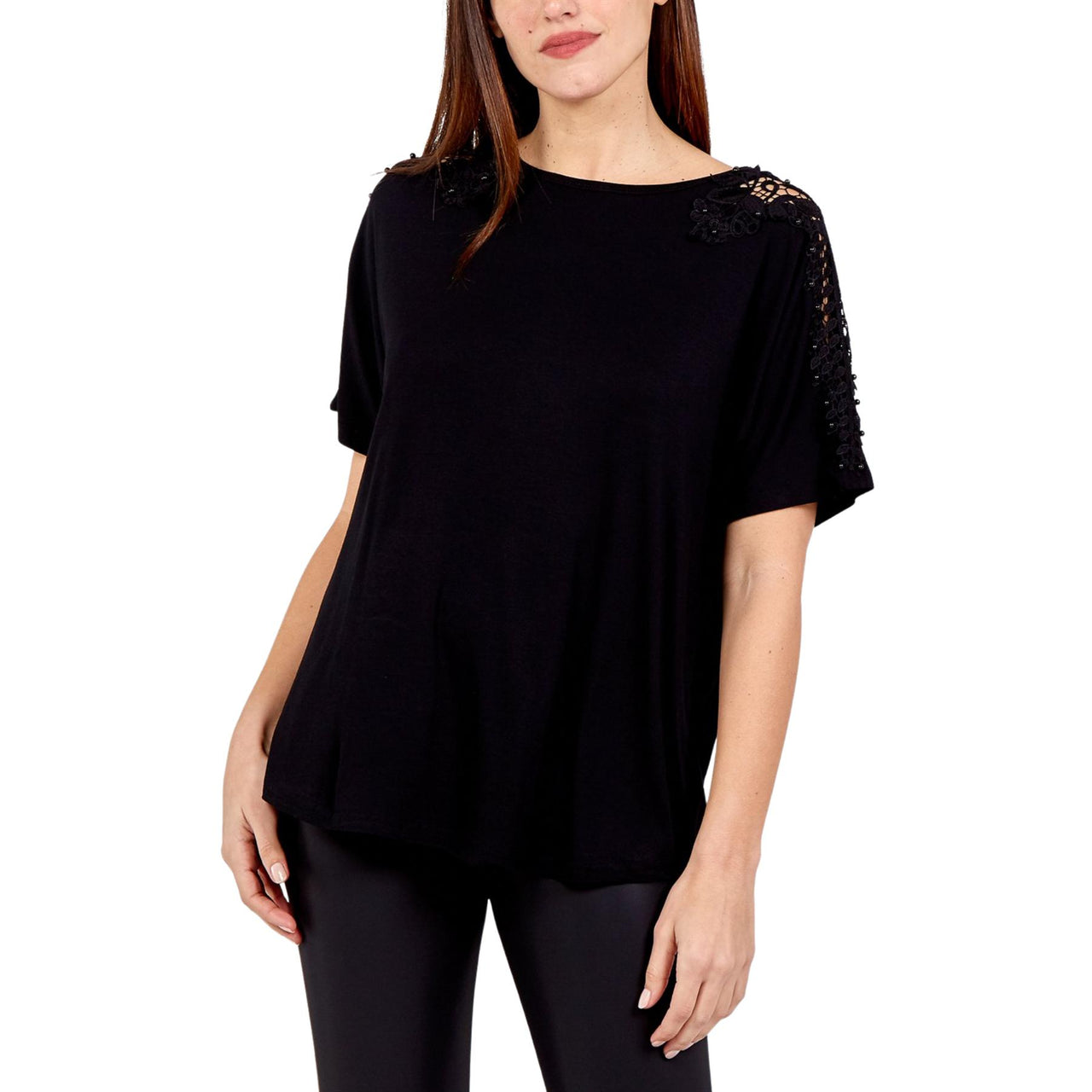 Zoe Lace and Stud Short Sleeve Top | Black