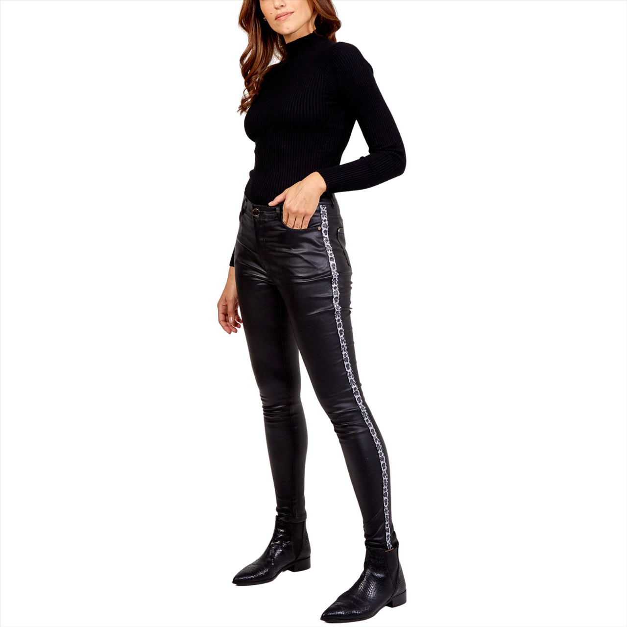 Luna Coated Jeans With Animal Side Stripe | Black