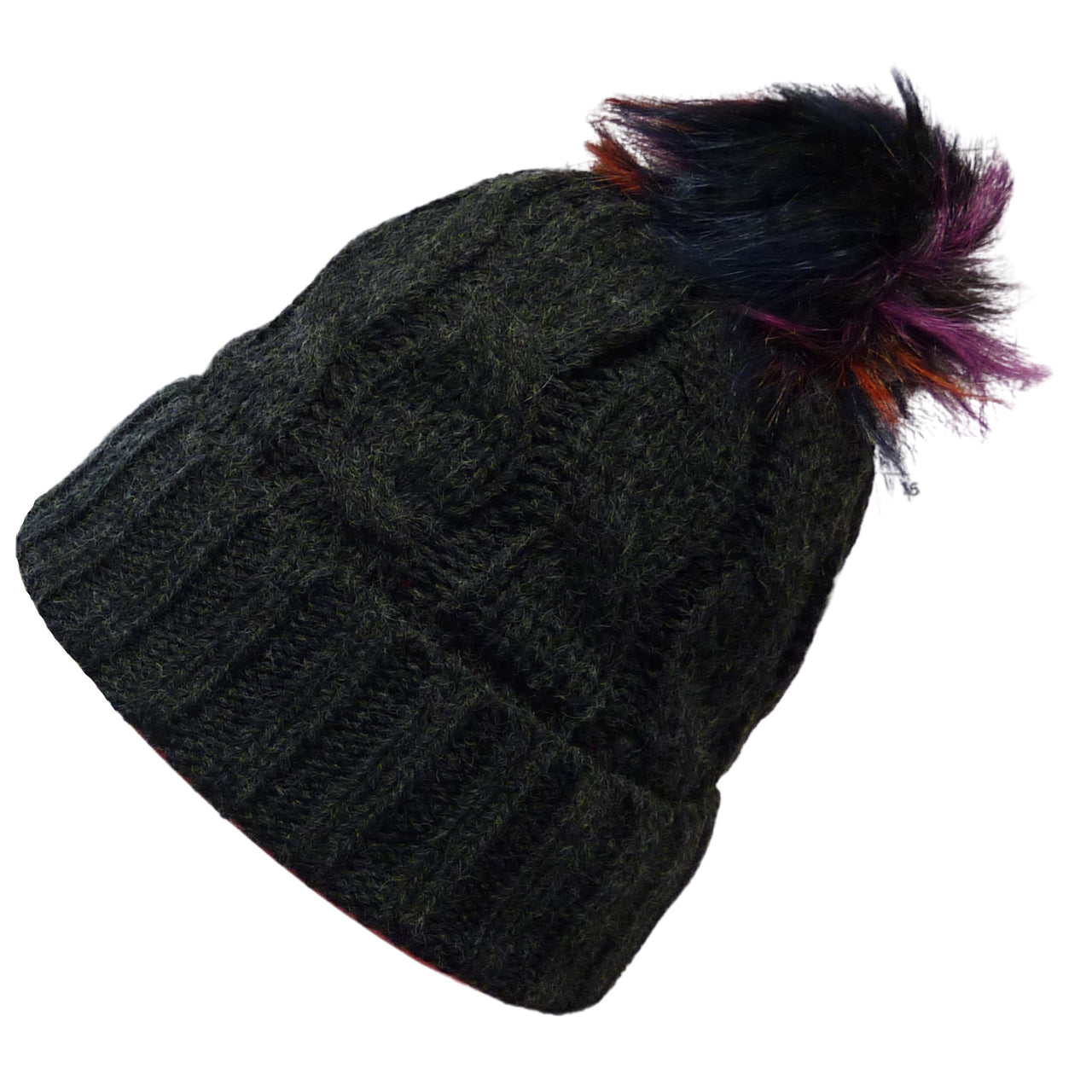 Coloured Faux Fur Cable Twist Bobble Beanie Hat | Charcoal