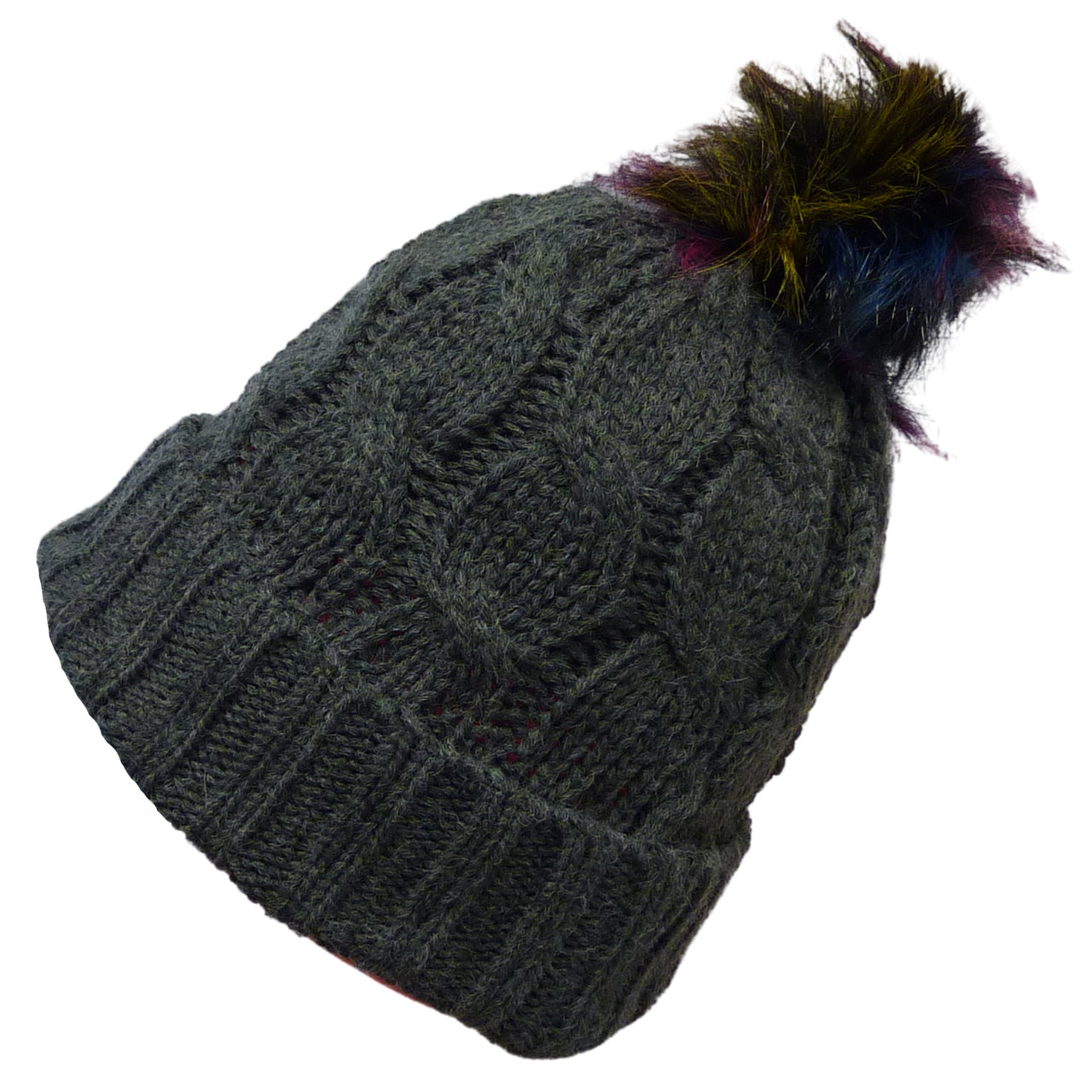 Coloured Faux Fur Cable Twist Bobble Beanie Hat | Grey