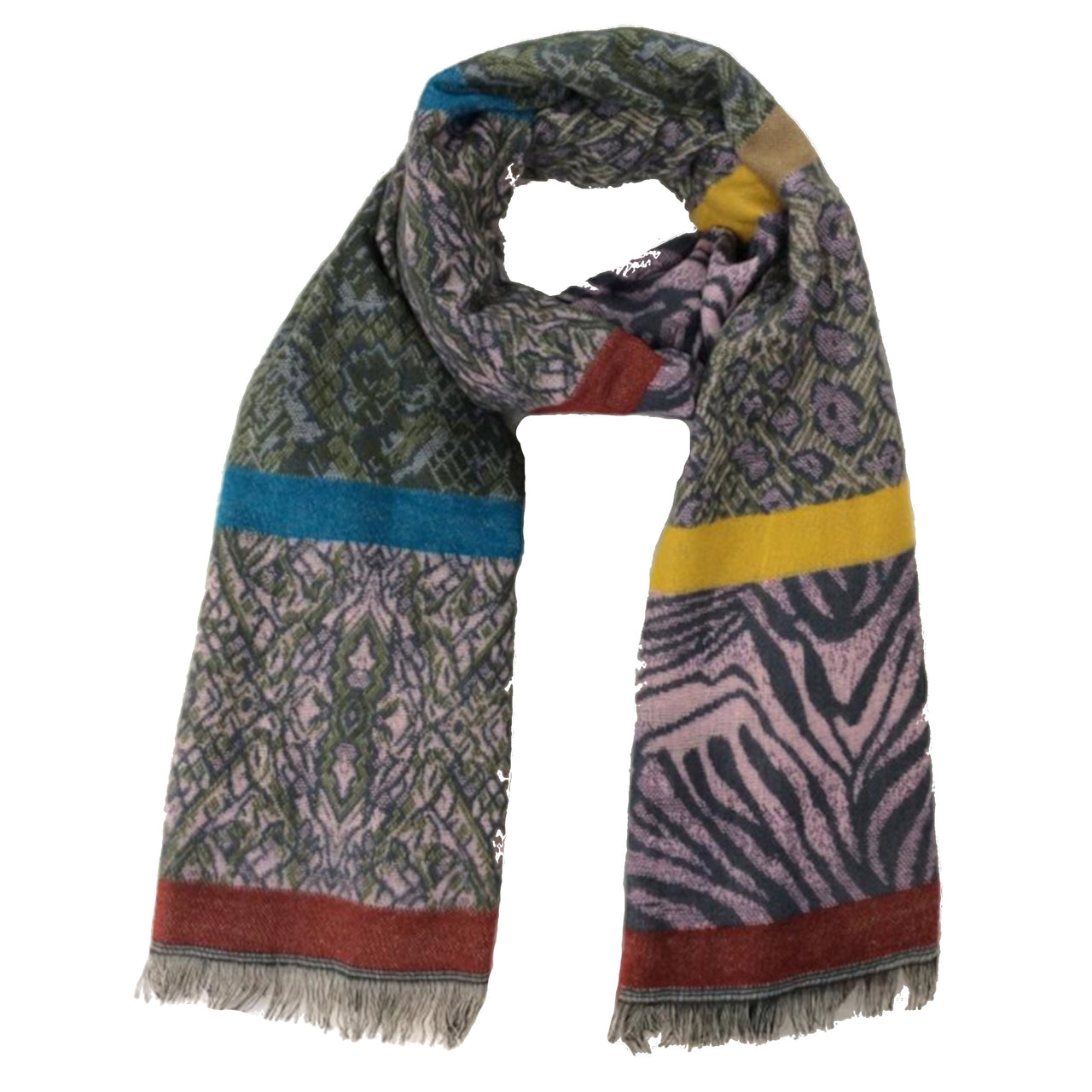 Animal Print Wool Mix Frayed Edge Scarf | Pink Mix