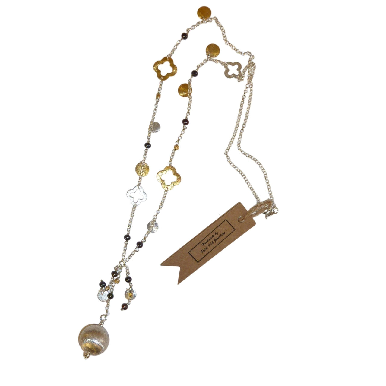 Point 925 Silver Ball and Freshwater Pearl Long Necklace | Sterling Silver