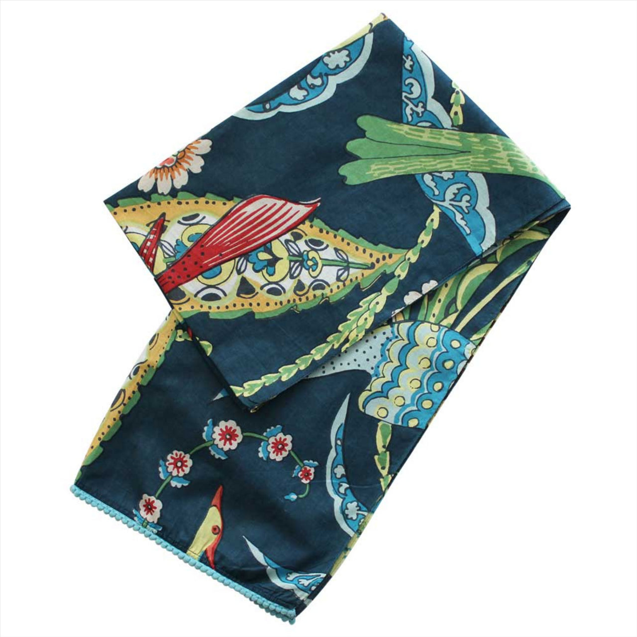 Floral Exotic Bird Scarf With Blue Pom-Pom Trim | Blue | One Size