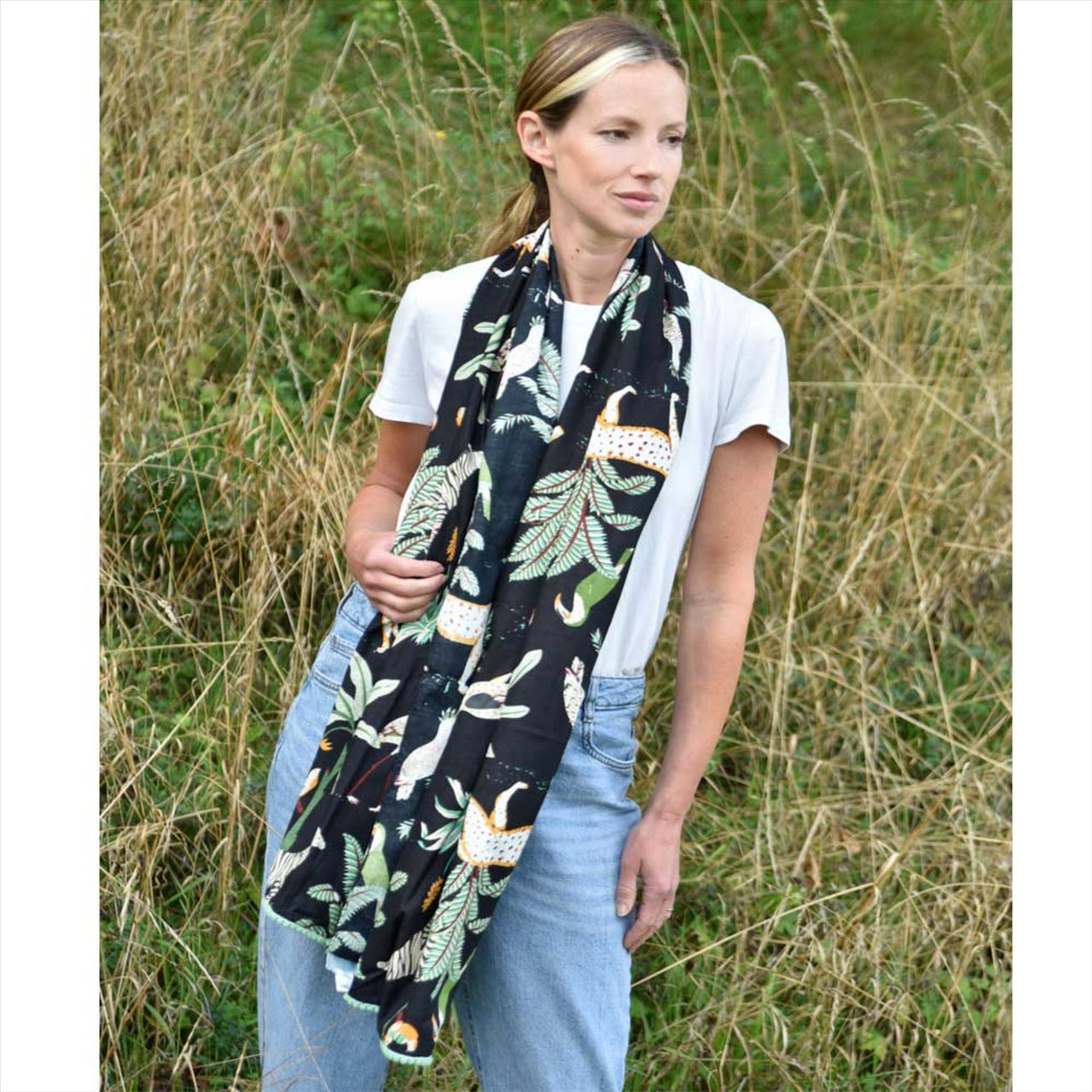 Safari at Night Scarf With Green Pom-Pom Trim | Black | One Size