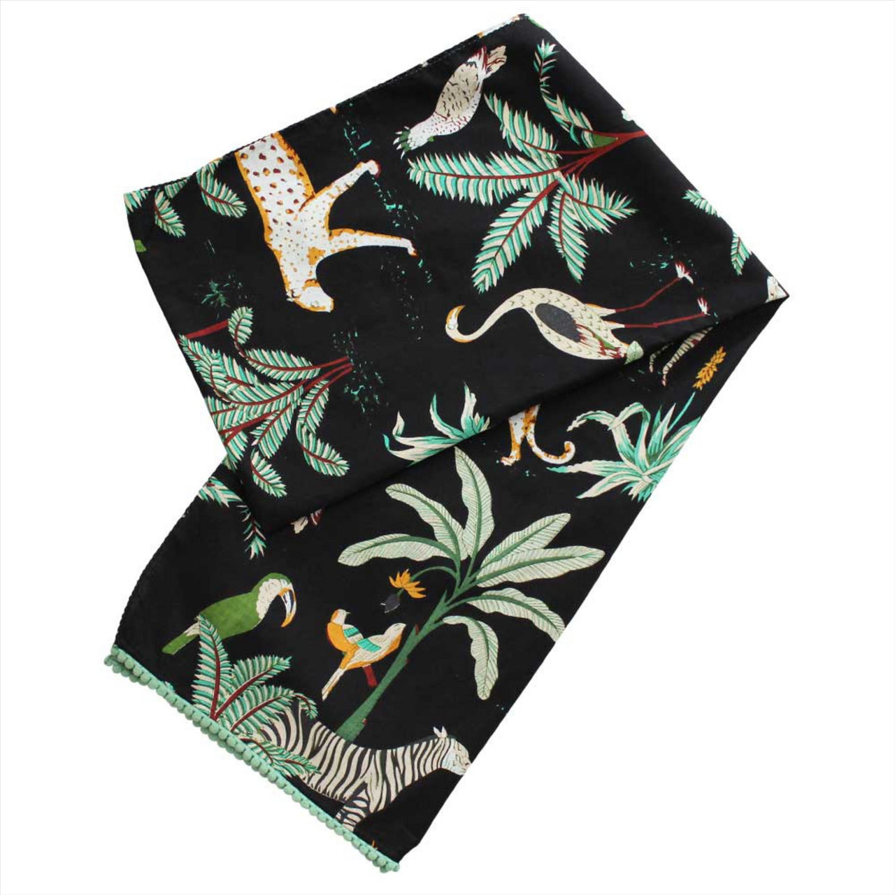 Safari at Night Scarf With Green Pom-Pom Trim | Black | One Size