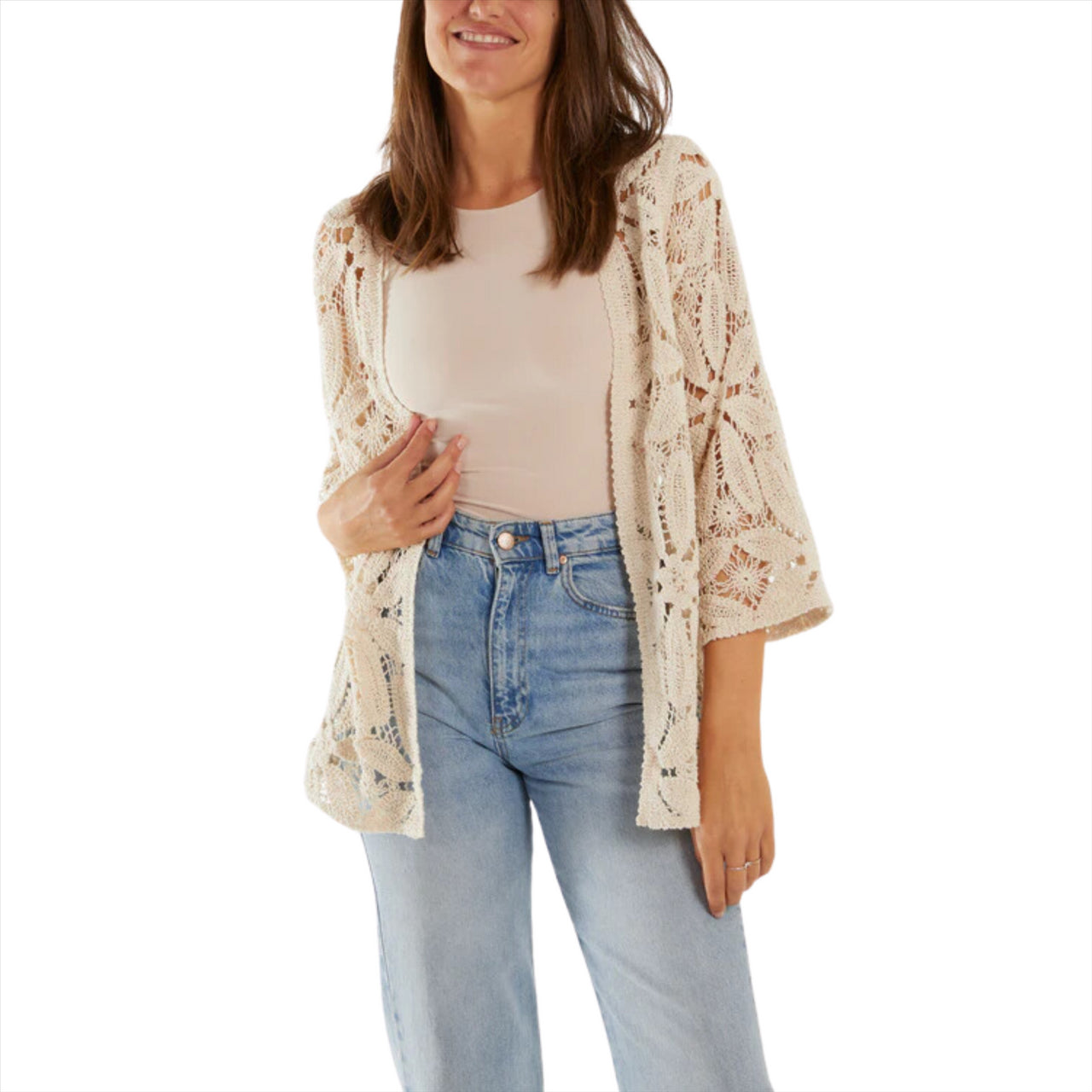 Crochet 3/4 Sleeve Cardigan | Stone