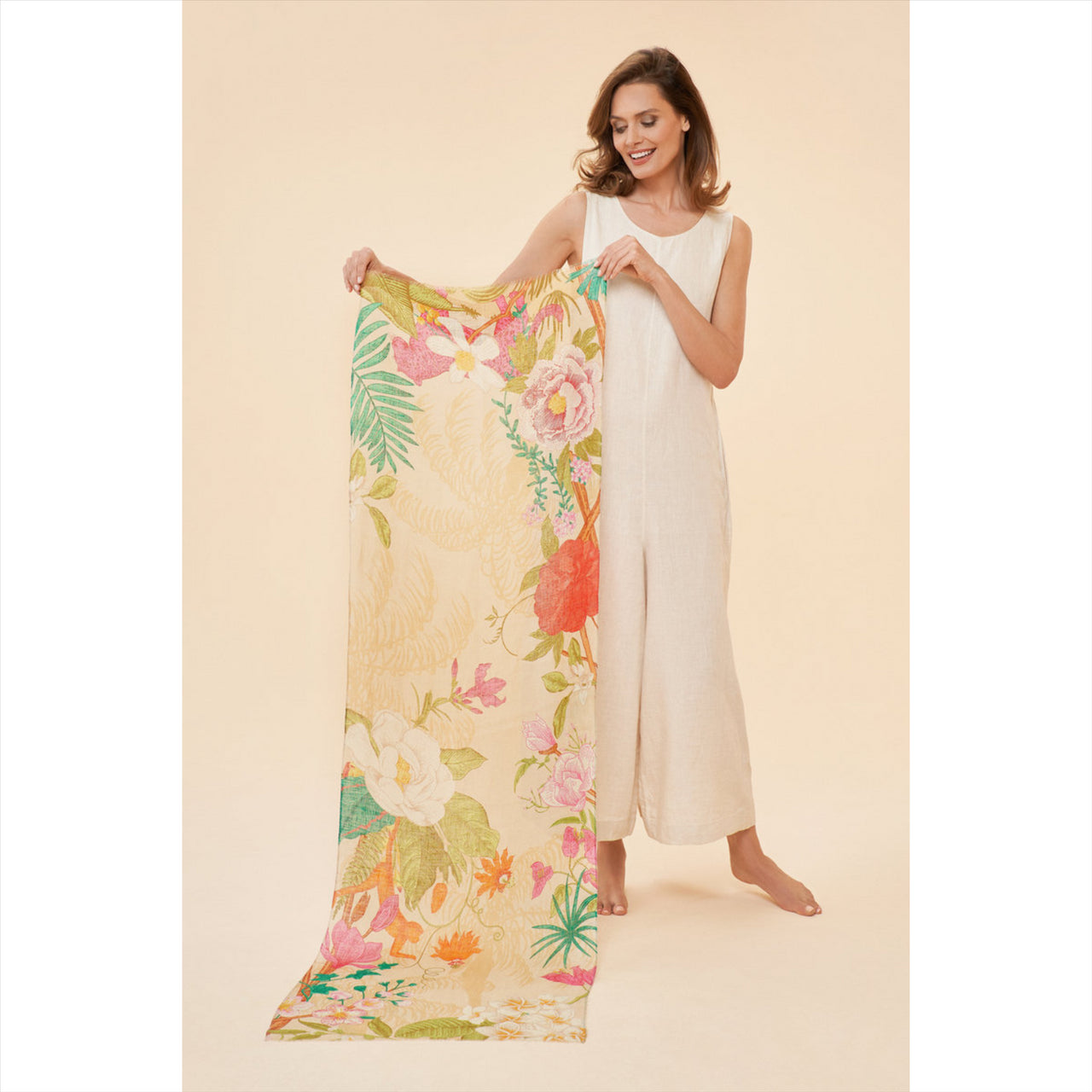 Powder 100% Linen Tropical Flora & Fauna Scarf | Coconut