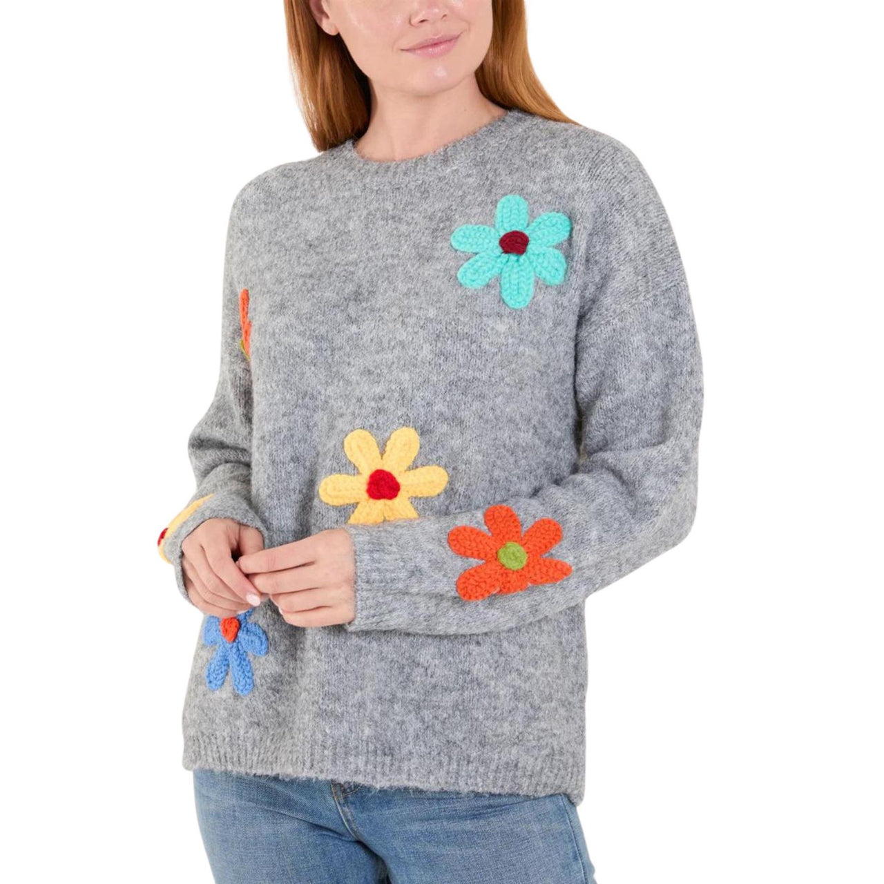 Multicolour Flower Embroidered Knit Jumper | Grey