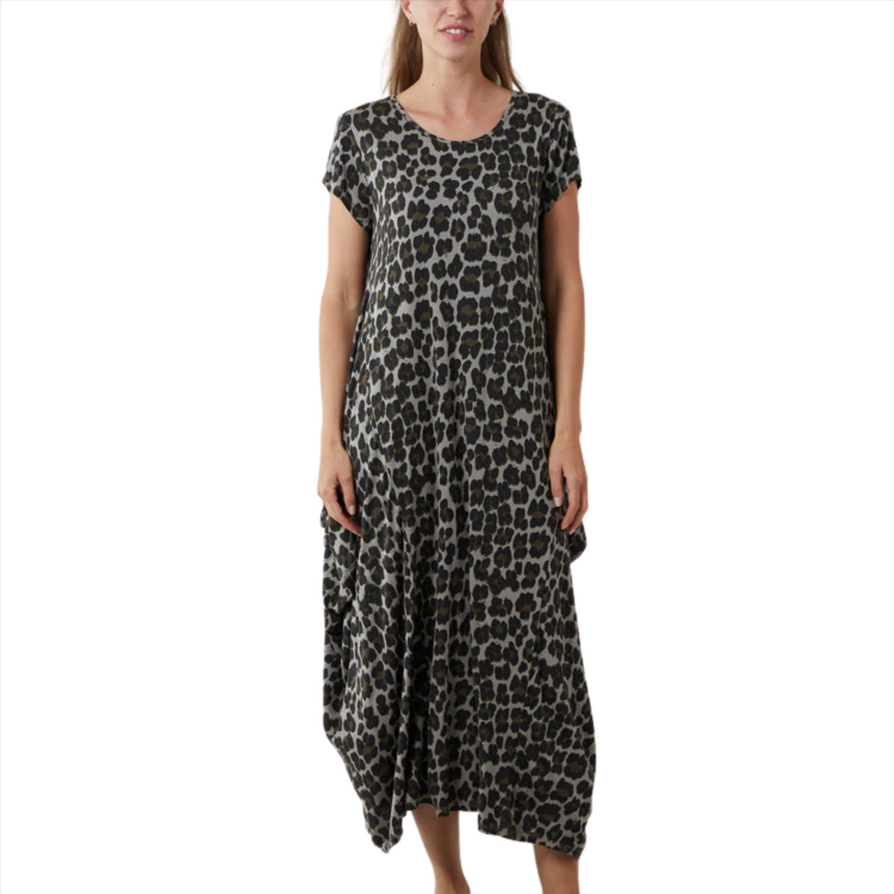 Leopard Print Cap Sleeve Parachute Dress | Mocha | One Size