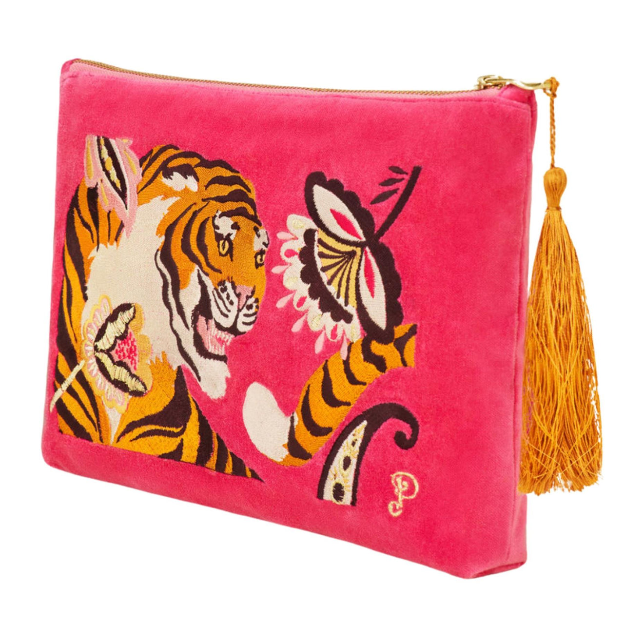 Powder Thrill of the Tiger Velvet Zip Pouch | Fuchsia