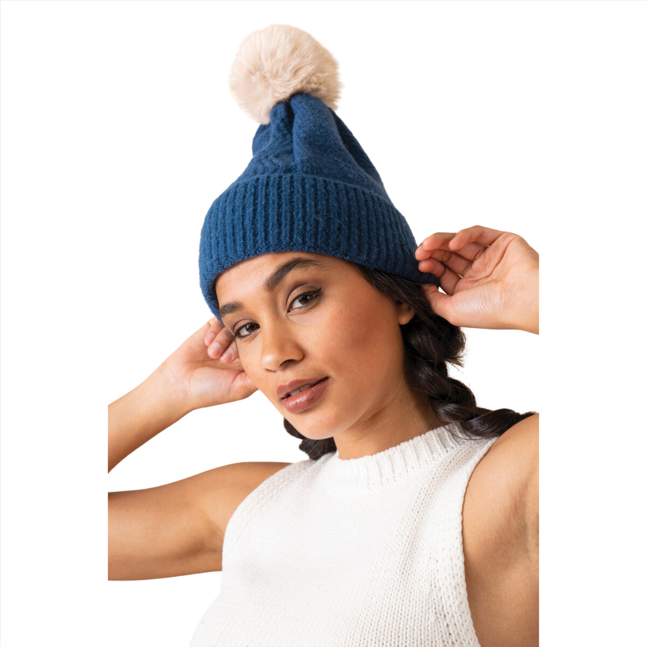 Powder Ingrid Cosy Knit Bobble Hat | Navy & Mist