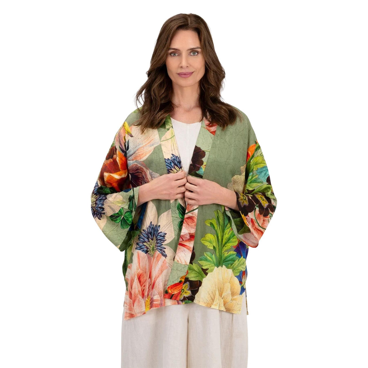 Powder Botanical Bouquet Mid-Length Kimono | Sage