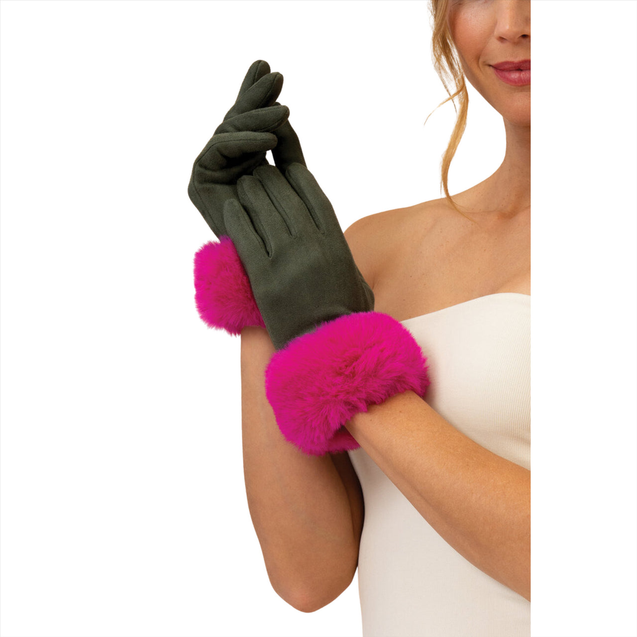 Powder Bettina Faux Suede Gloves  | Olive/Magenta