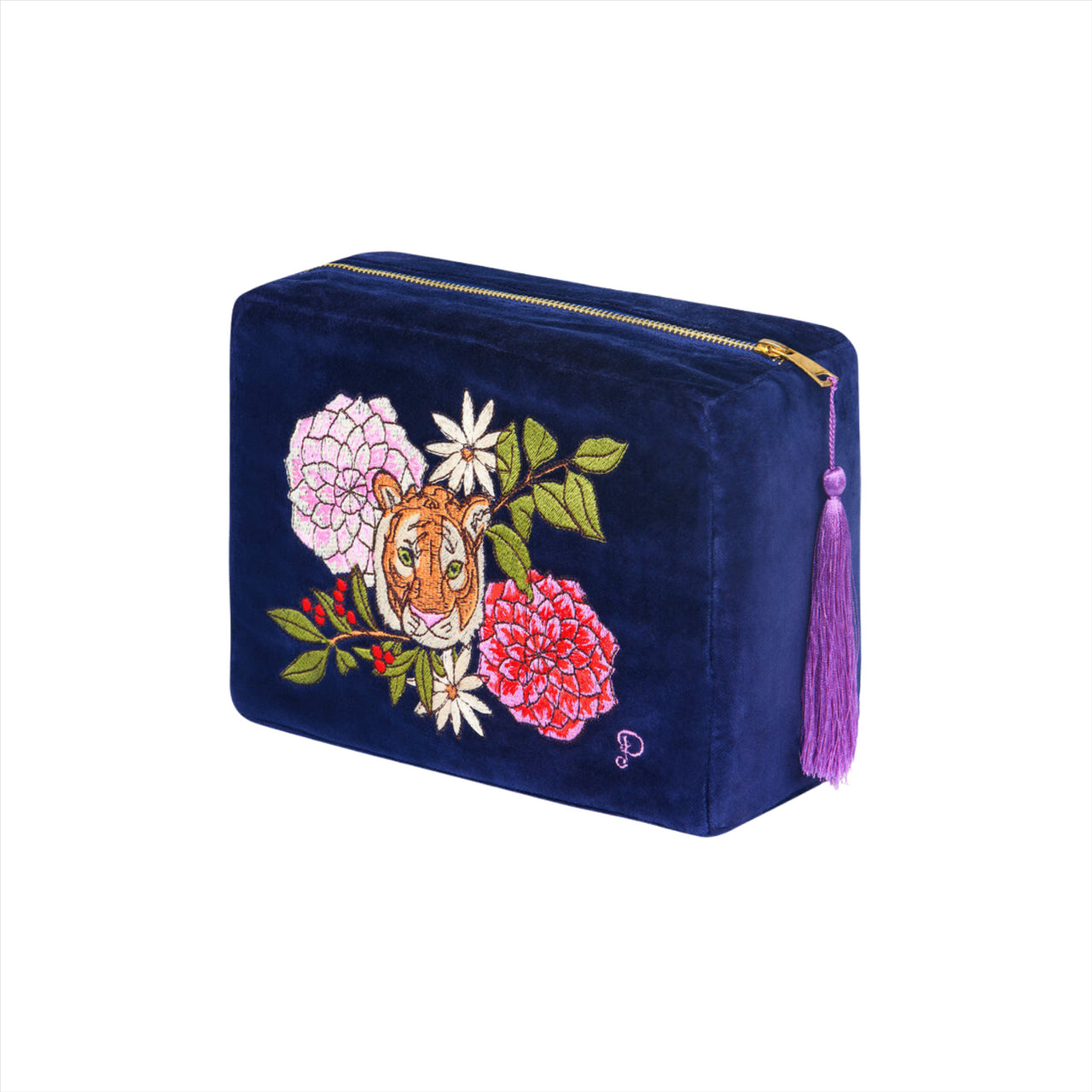 Powder Floral Tiger Face Velvet Wash Bag | Indigo