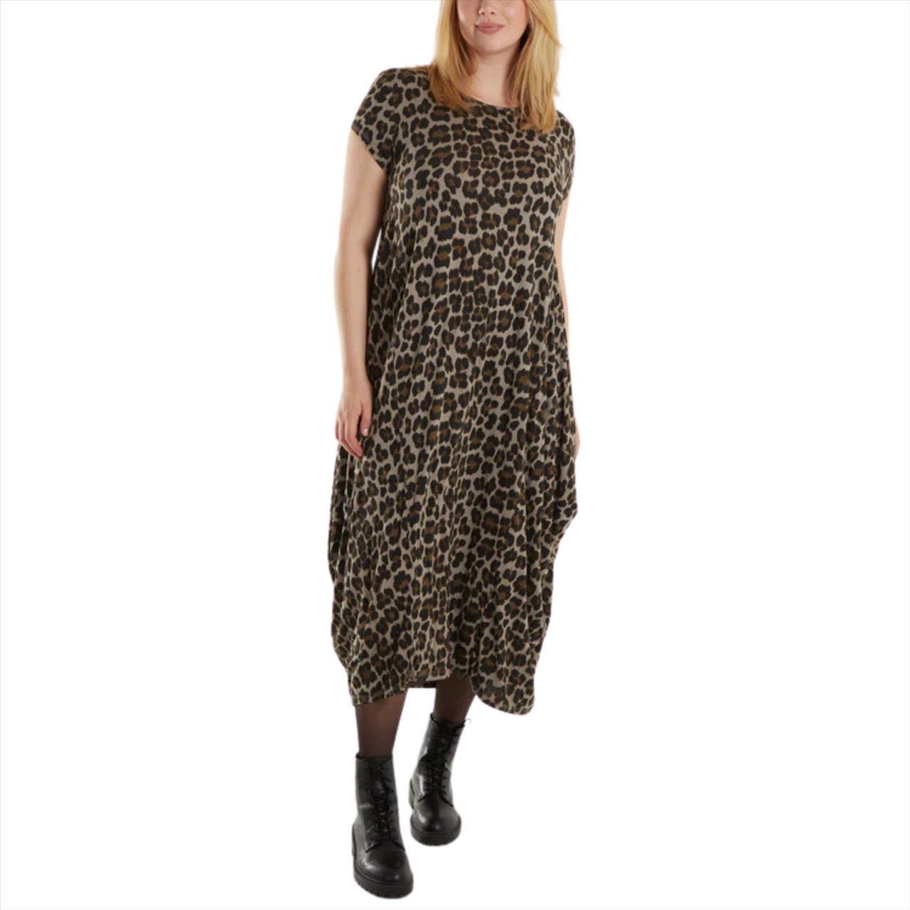 Leopard Print Cap Sleeve Parachute Dress | Stone | One Size