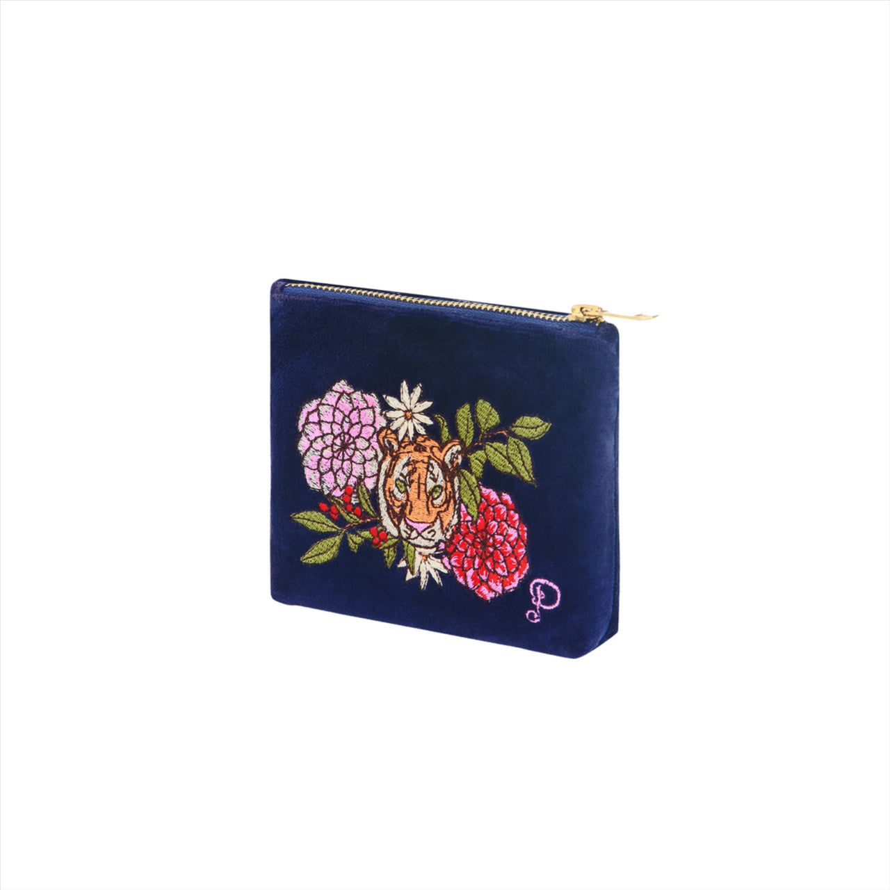 Powder Floral Tiger Face Velvet Mini Pouch | Indigo