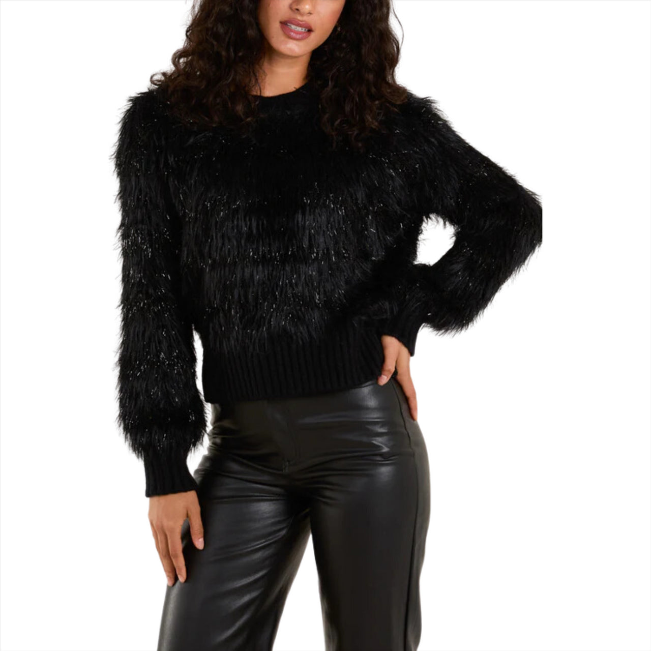 Sparkly & Fluffy Contrast Stripe Jumper | Black
