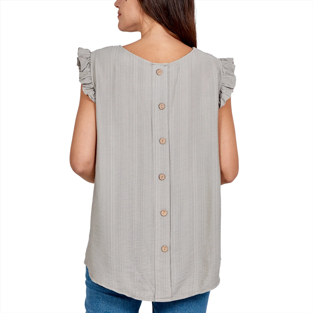 Linen Look Frill Sleeve Button Back  Top | Mocha | One Size