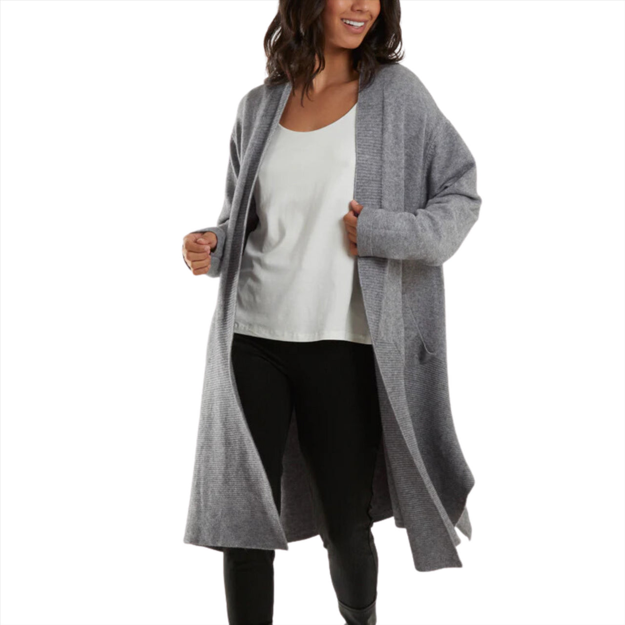 Edge to Edge Fine Knit Mid Length Cardigan | Grey