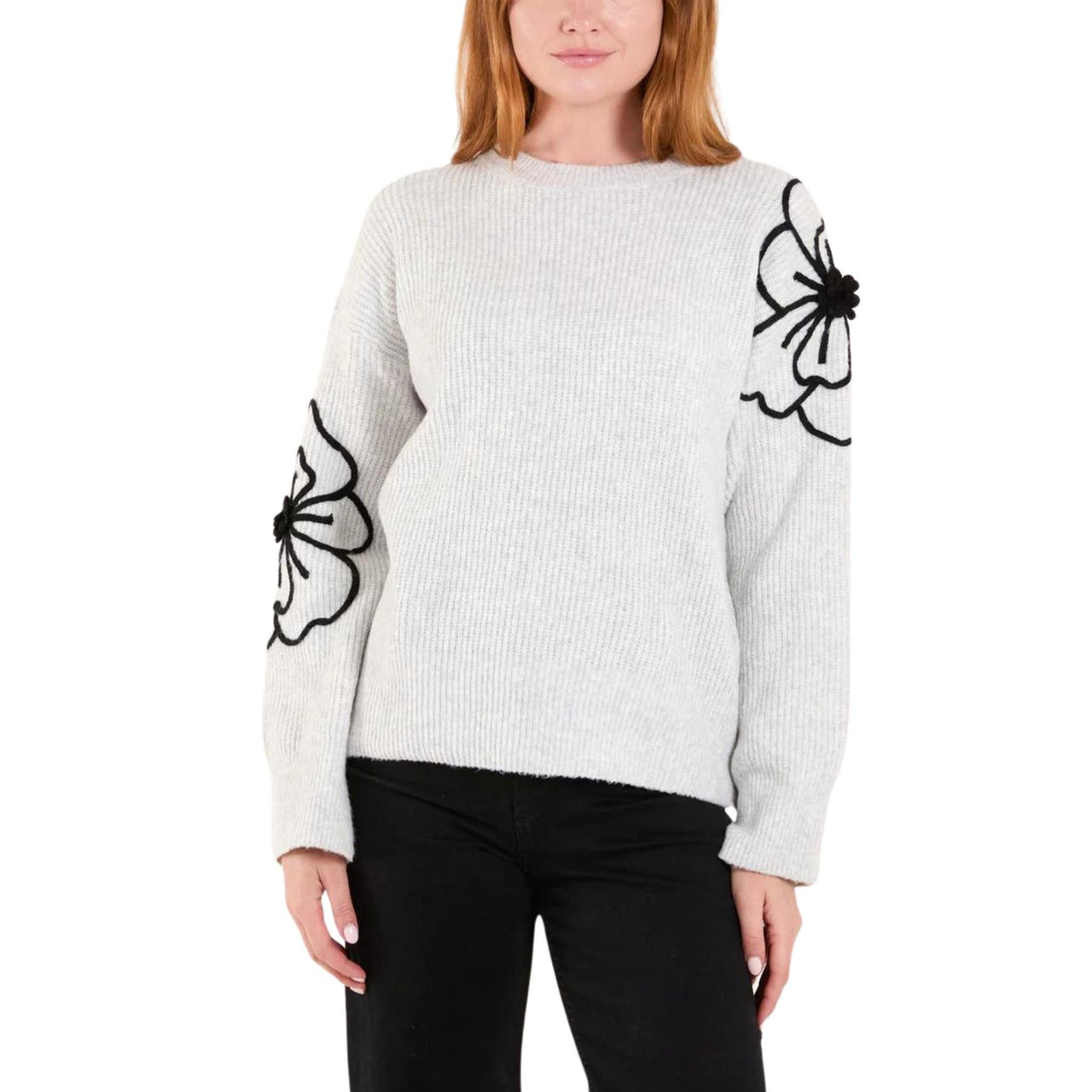 Flower Sleeve Embroidered Knit Jumper | Grey