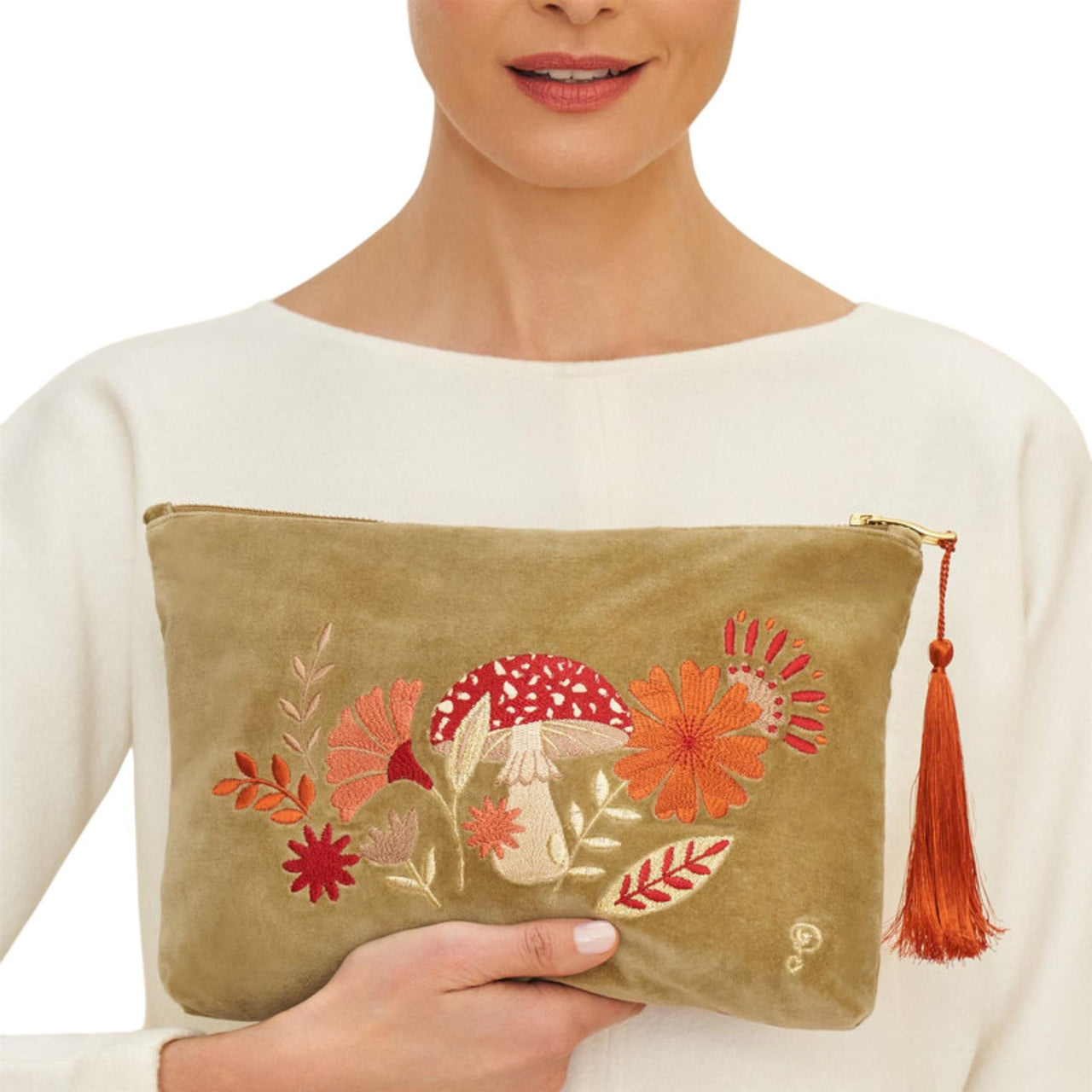 Powder Tranquil Toadstool Velvet Zip Pouch | Sage