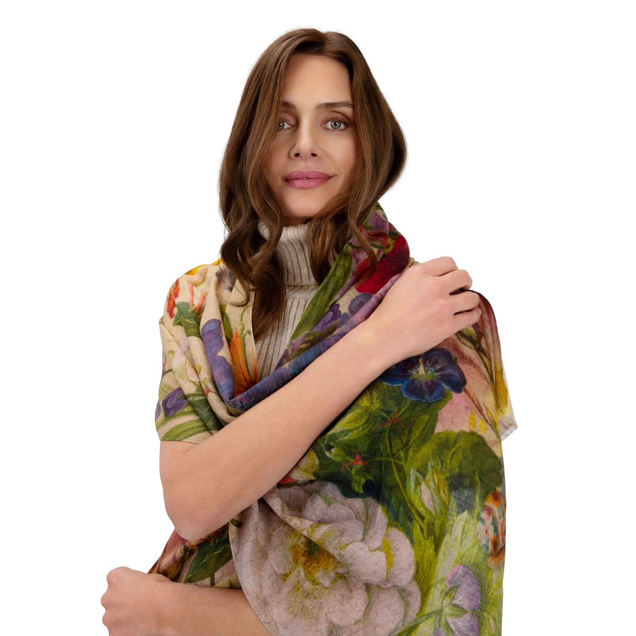 Powder Autumn Posy Wool Wrap Scarf | Cream