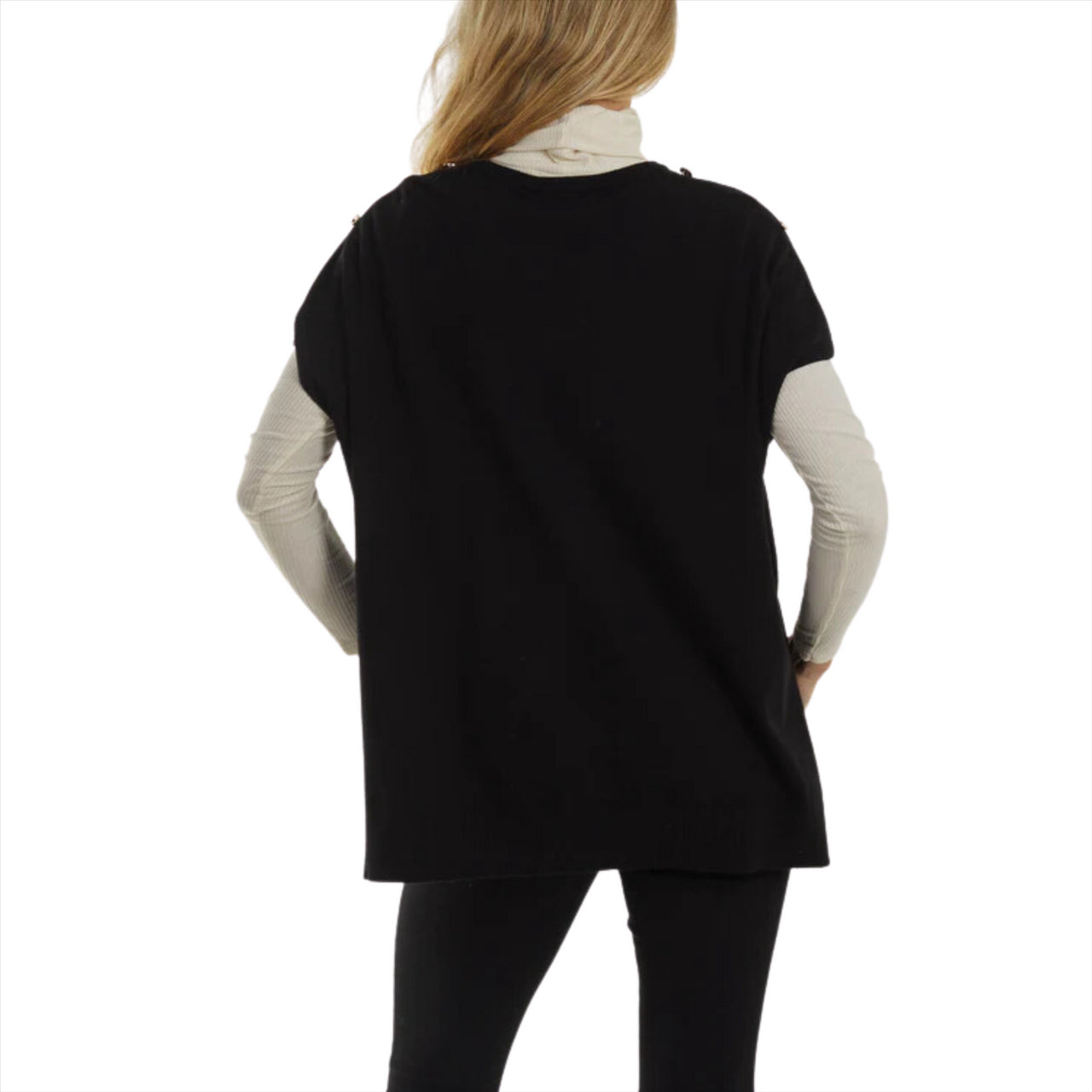 Short Sleeve Button Detail Poncho Top | Black