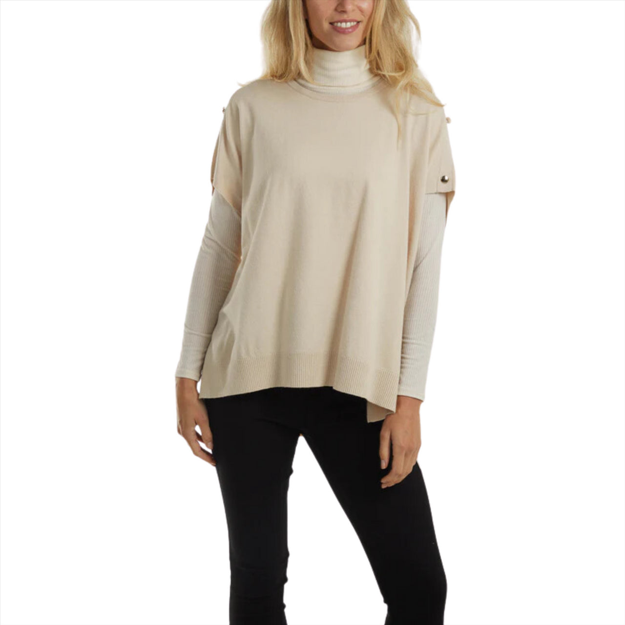 Short Sleeve Button Detail Poncho Top | Stone