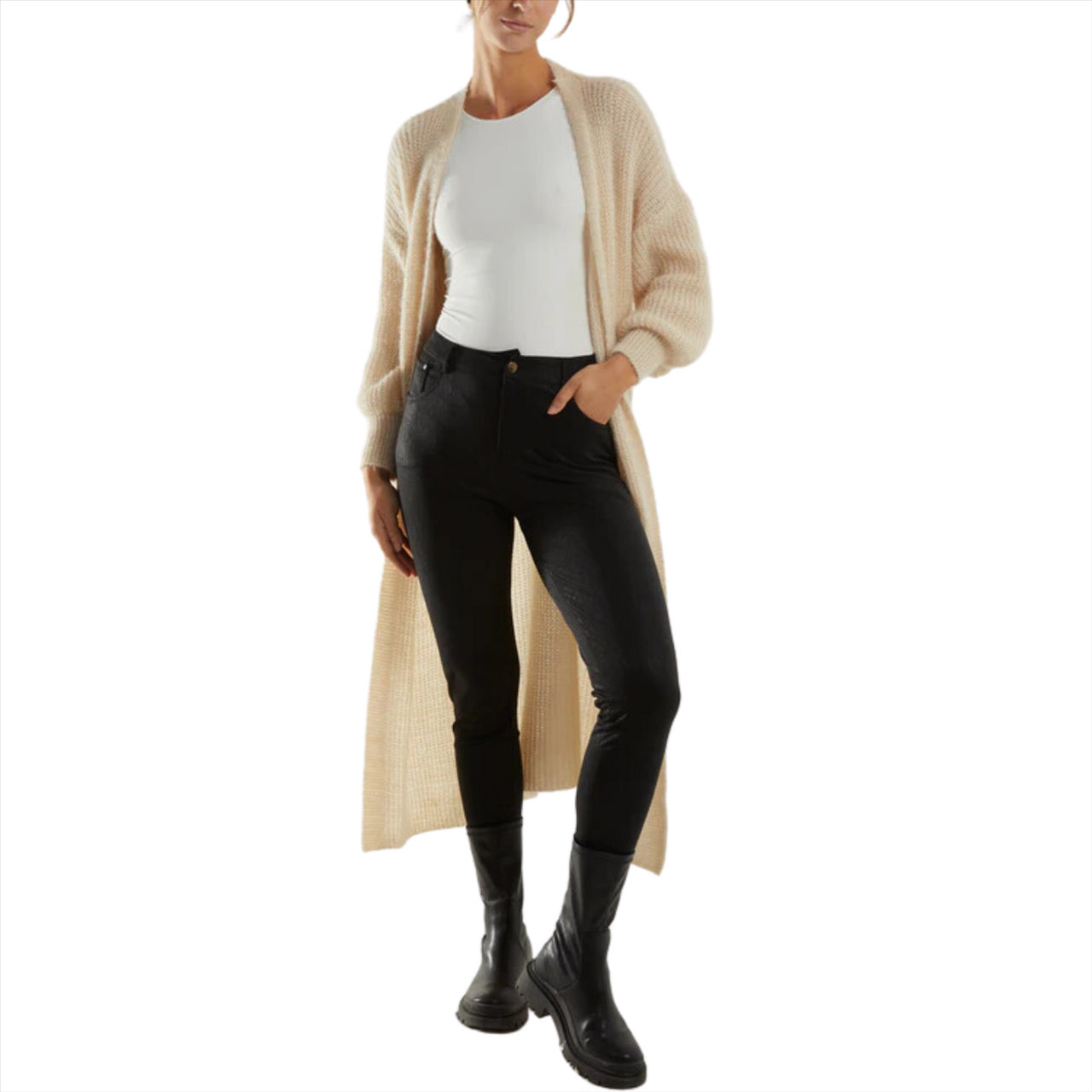 Soft Touch Balloon Sleeve Longline Cardigan | Beige | One Size